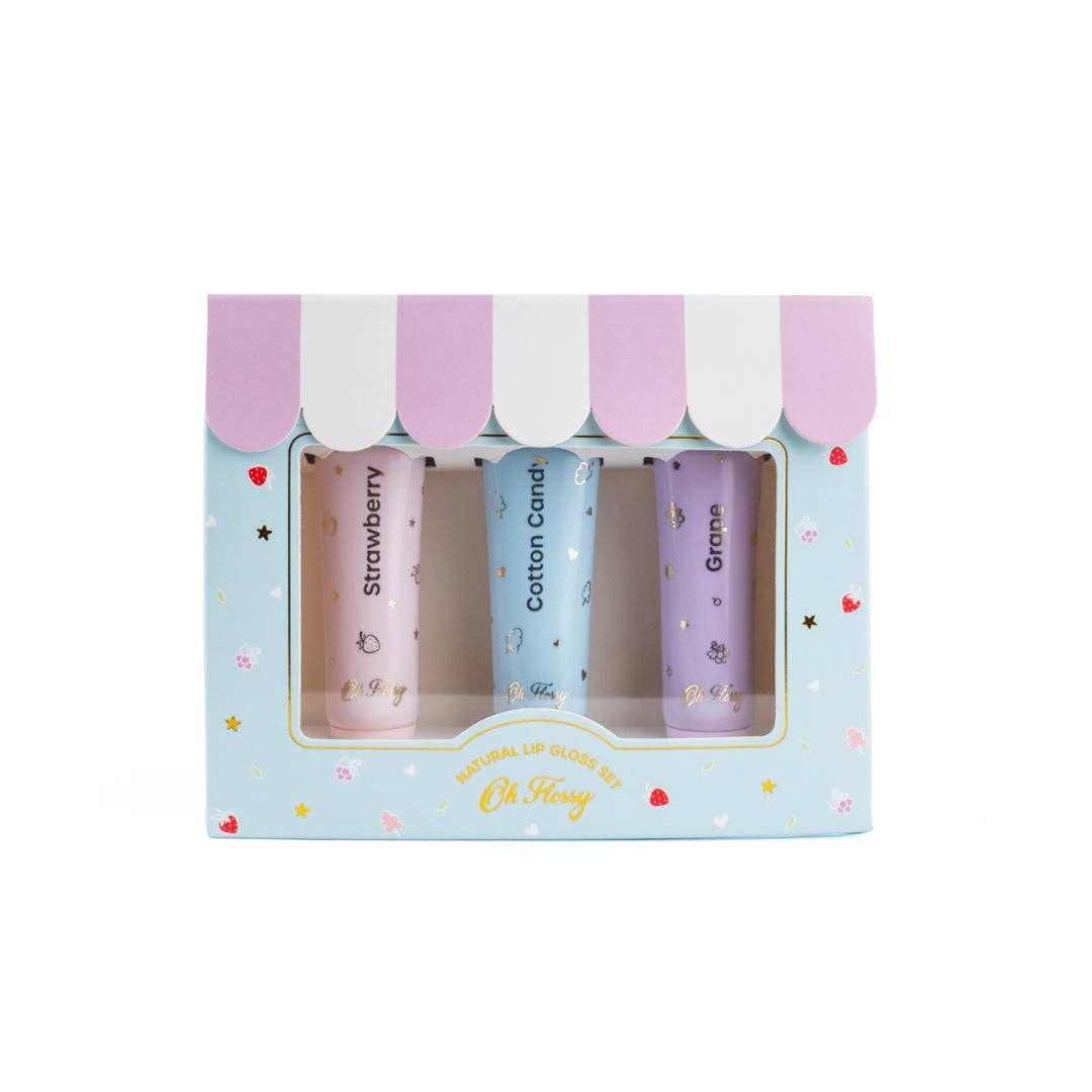 Oh Flossy's Natural Lip Gloss trio is a must have for little ones who love to shimmer & shine! Each set includes three delicious flavours - Strawberry, Cotton Candy, and Grape . Free from talc, parabens, fragrances, nano-particles, phthalates.