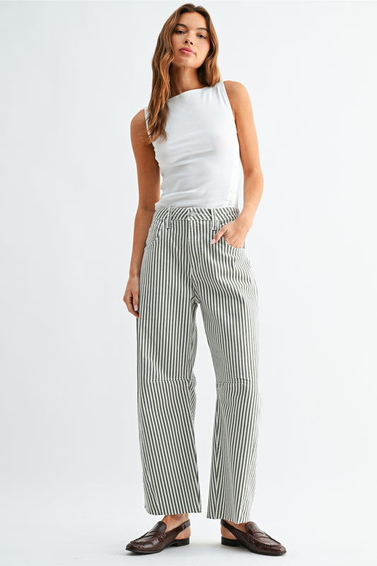 Raw Hem Barrel Jean in Olive Stripe