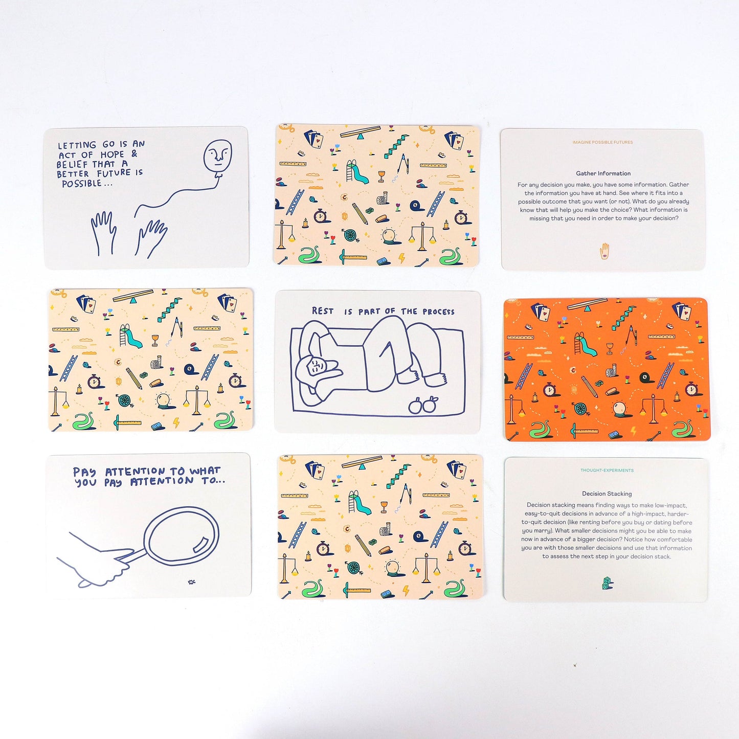 The How To Decide deck offers different frameworks for thinking about the situation you are in and picking a route forward. When you feel stuck, choose an exercise or thought-experiment and see what comes up.