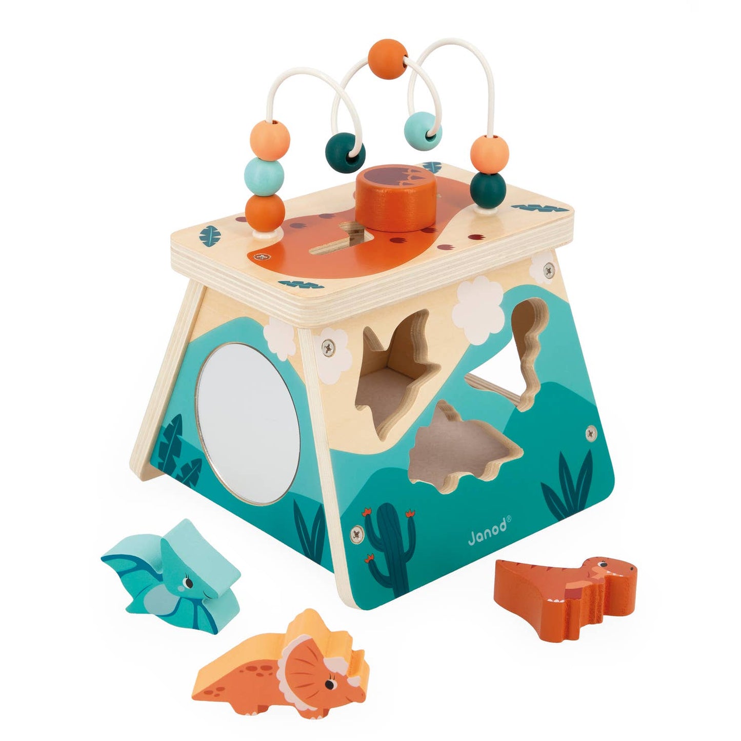 janod multi activity volcano / Gently introduce your child to the world of dinosaurs with this multi-activity volcano. Each panel has different activities; a shape box with different dino's, gears to turn, a mirror, maze & abacus on top.