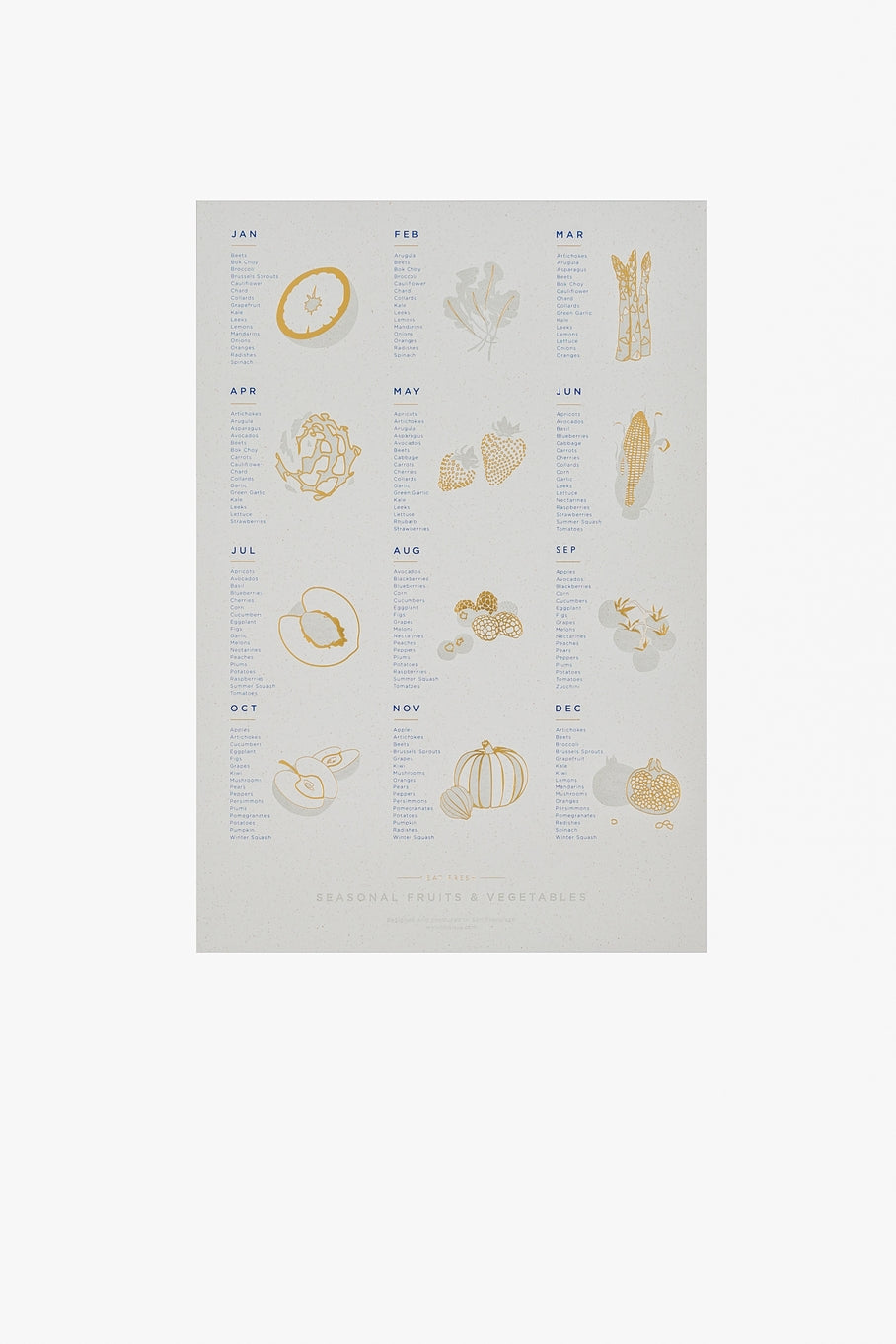 The seasonal fruit and vegetable poster features a monthly list of 15-20 varieties of produce that are freshest, ripest, and harvested within the listed month. Great reference art that is both elegant and useful for your kitchen, dining room or kids room!