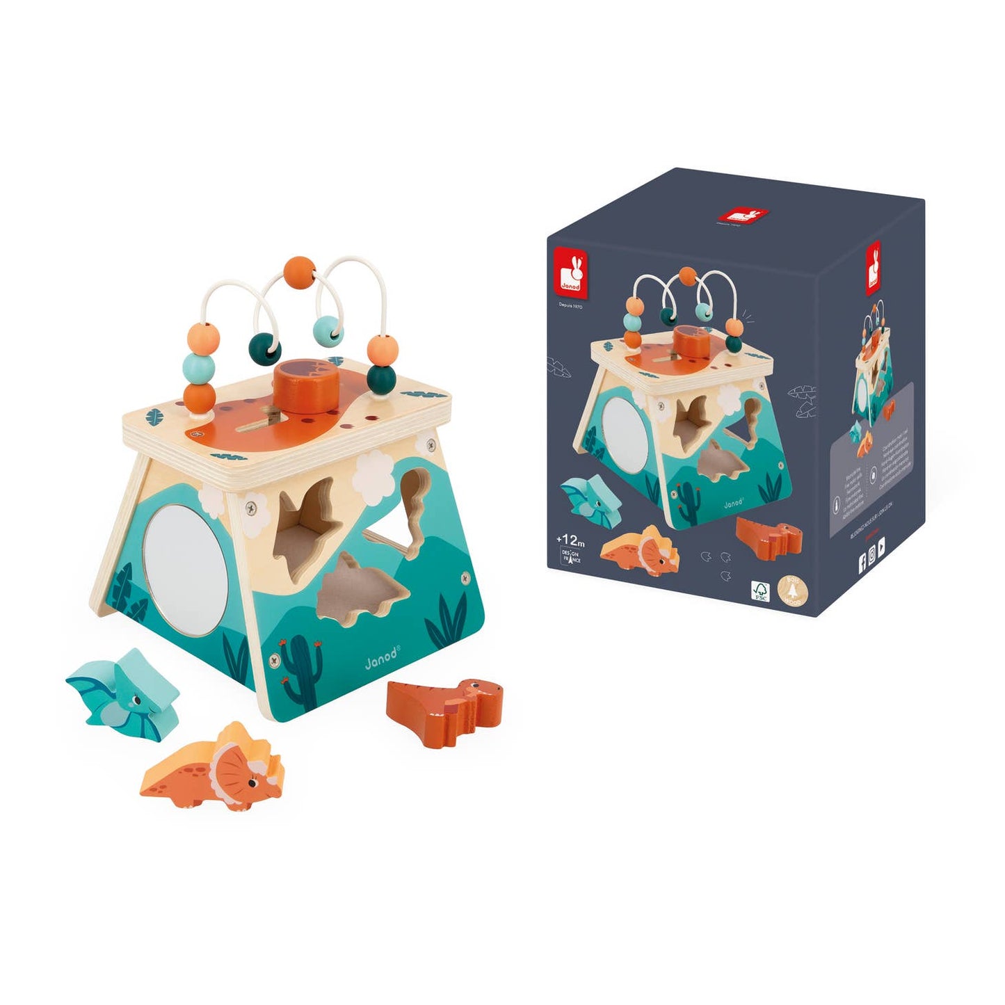 janod multi activity volcano / Gently introduce your child to the world of dinosaurs with this multi-activity volcano. Each panel has different activities; a shape box with different dino's, gears to turn, a mirror, maze & abacus on top.