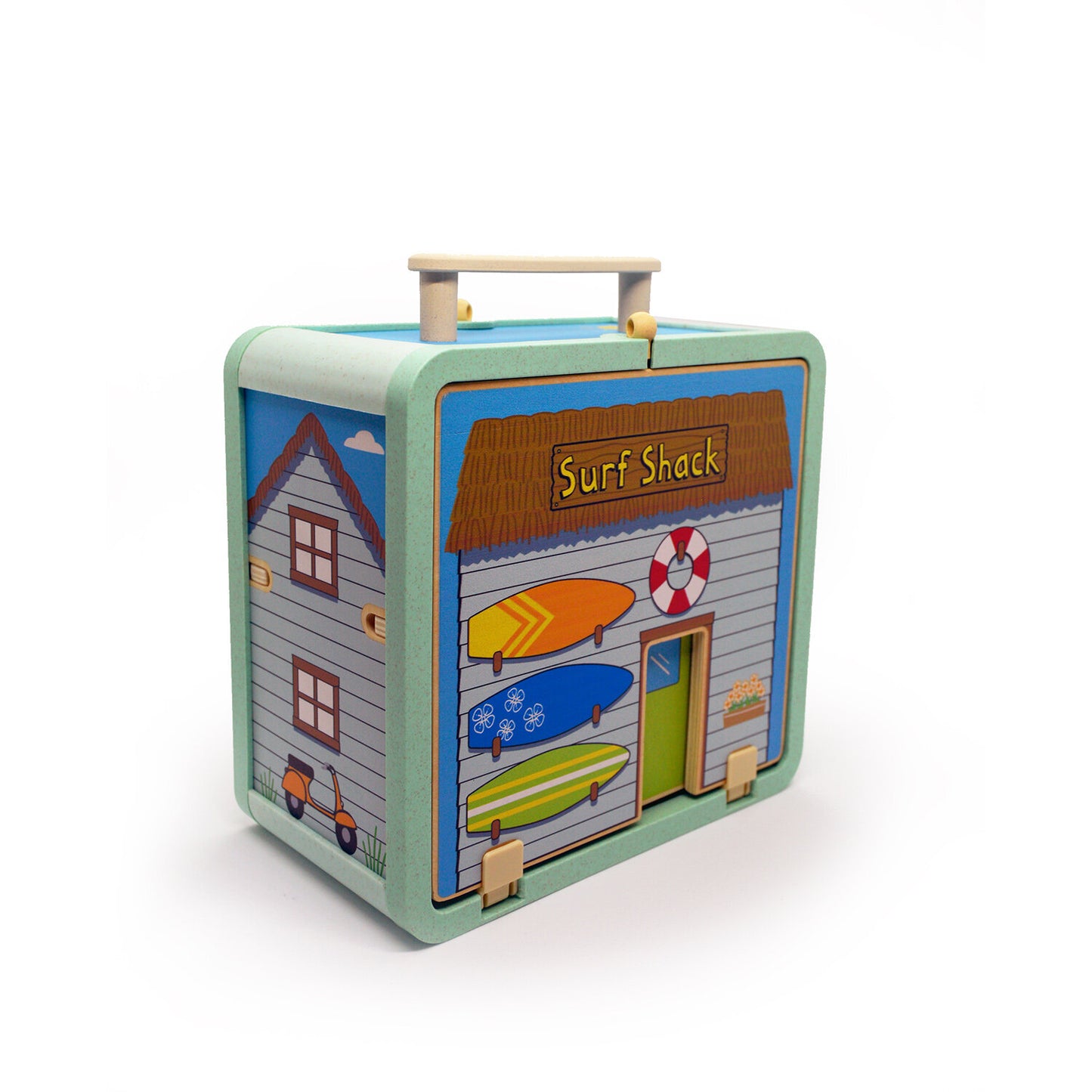 Suitcase Series encourages portable play. Each suitcase opens up on both sides to reveal a world of fun.
The 17-piece Surf Shack has everything for fun on the go, including surfer kids, surf boards, a dog, dolphin, snack shack, and more!