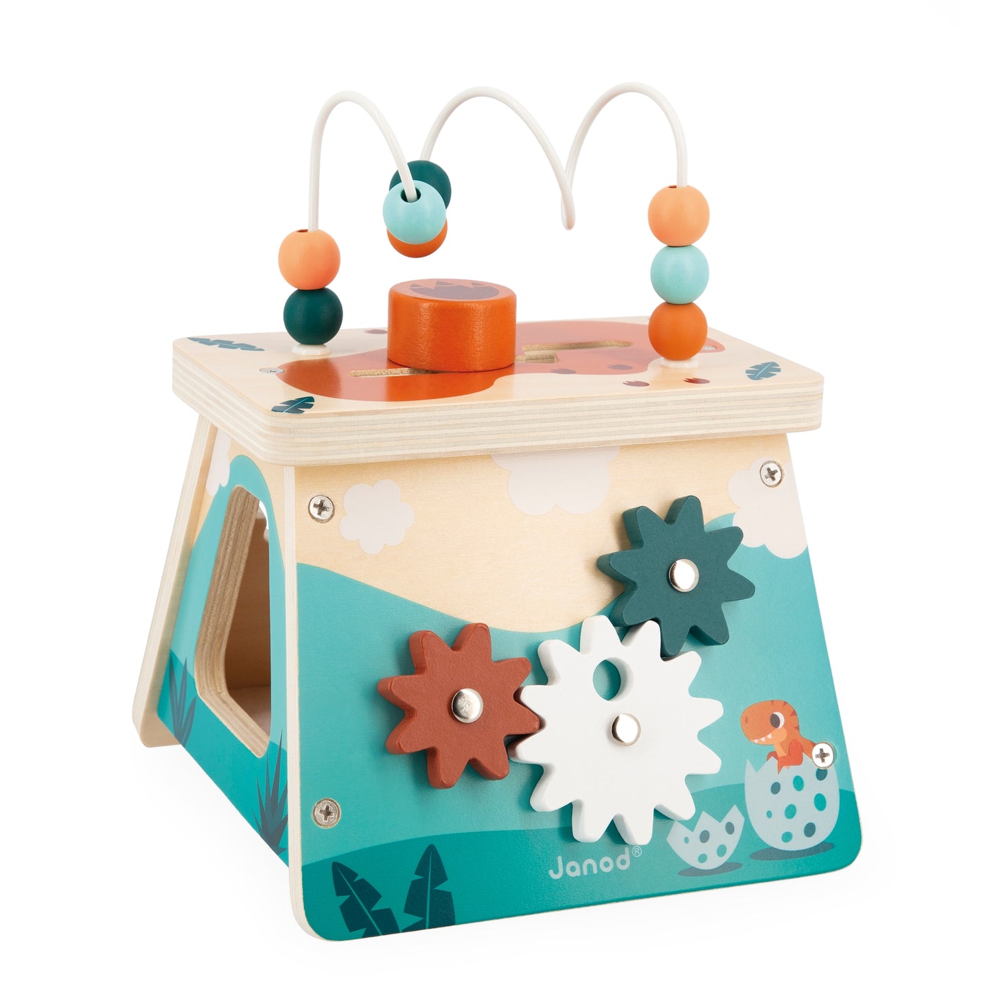 janod multi activity volcano / Gently introduce your child to the world of dinosaurs with this multi-activity volcano. Each panel has different activities; a shape box with different dino's, gears to turn, a mirror, maze & abacus on top.