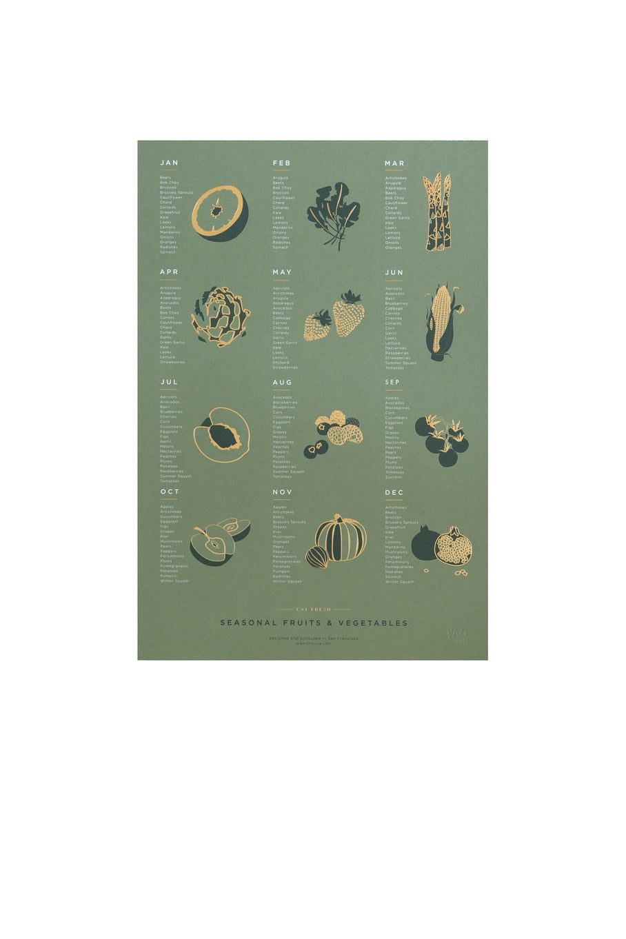 The seasonal fruit and vegetable poster features a monthly list of 15-20 varieties of produce that are freshest, ripest, and harvested within the listed month. Great reference art that is both elegant and useful for your kitchen, dining room or kids room!