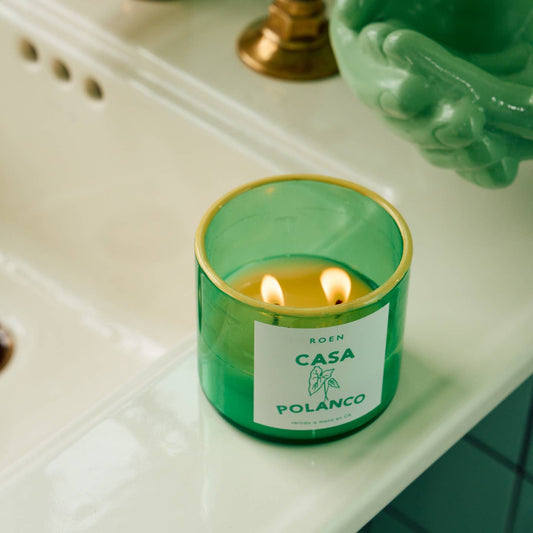 Scent notes of verbena leaf, key limes, violet absolute, clove basil and frankincense. Roen candles are hand poured in their Southern California studio using a coconut + soy wax blend for a natural, clean burn.