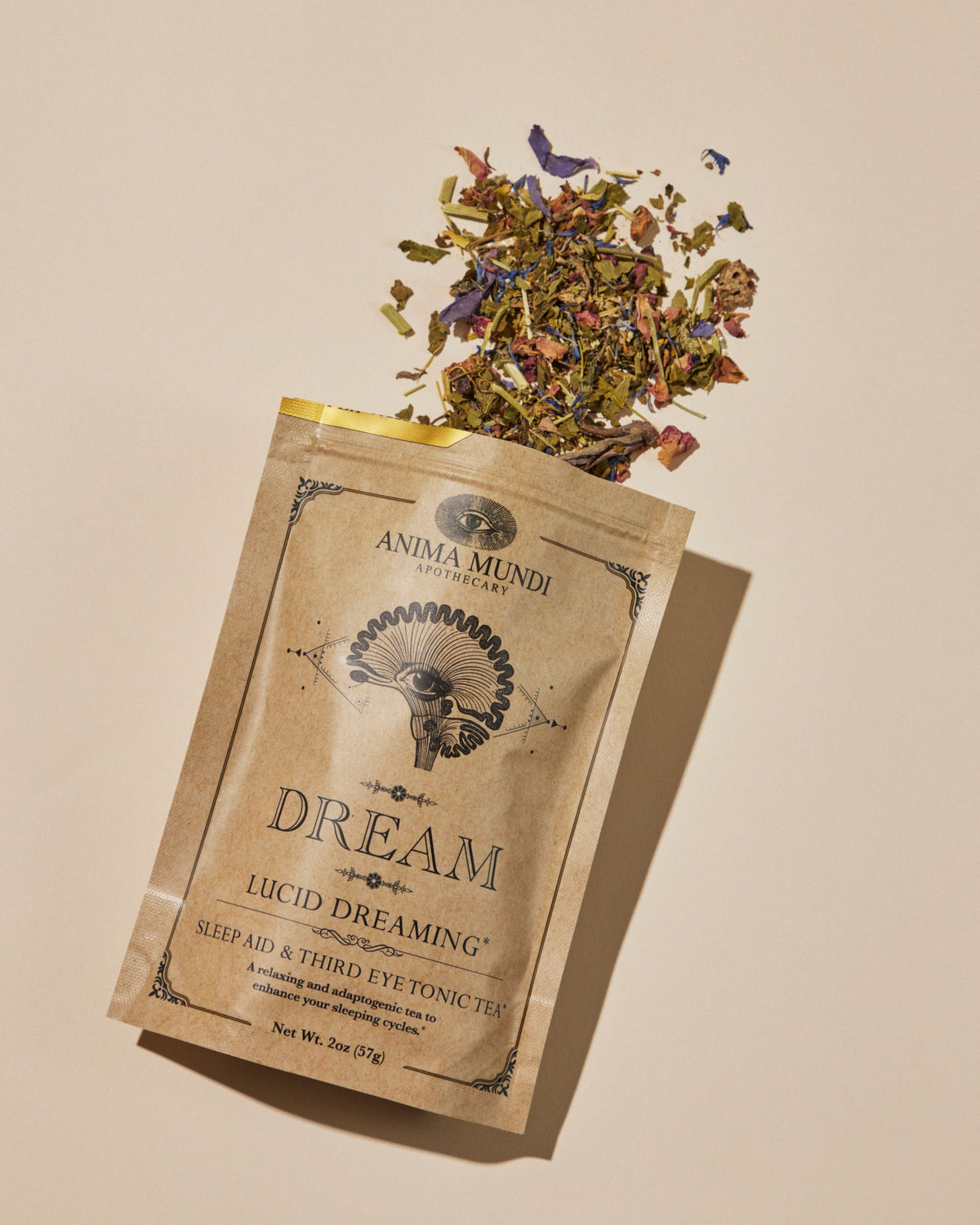 anima mundi dream tea, lucid dreaming / These herbs have been used since ancient times to assist the body in entering deep states of meditation and sleep. Composed of relaxing plants, also known as nervines, such as organic Skullcap, Blue Lotus, Passionflower and Kava Kava.