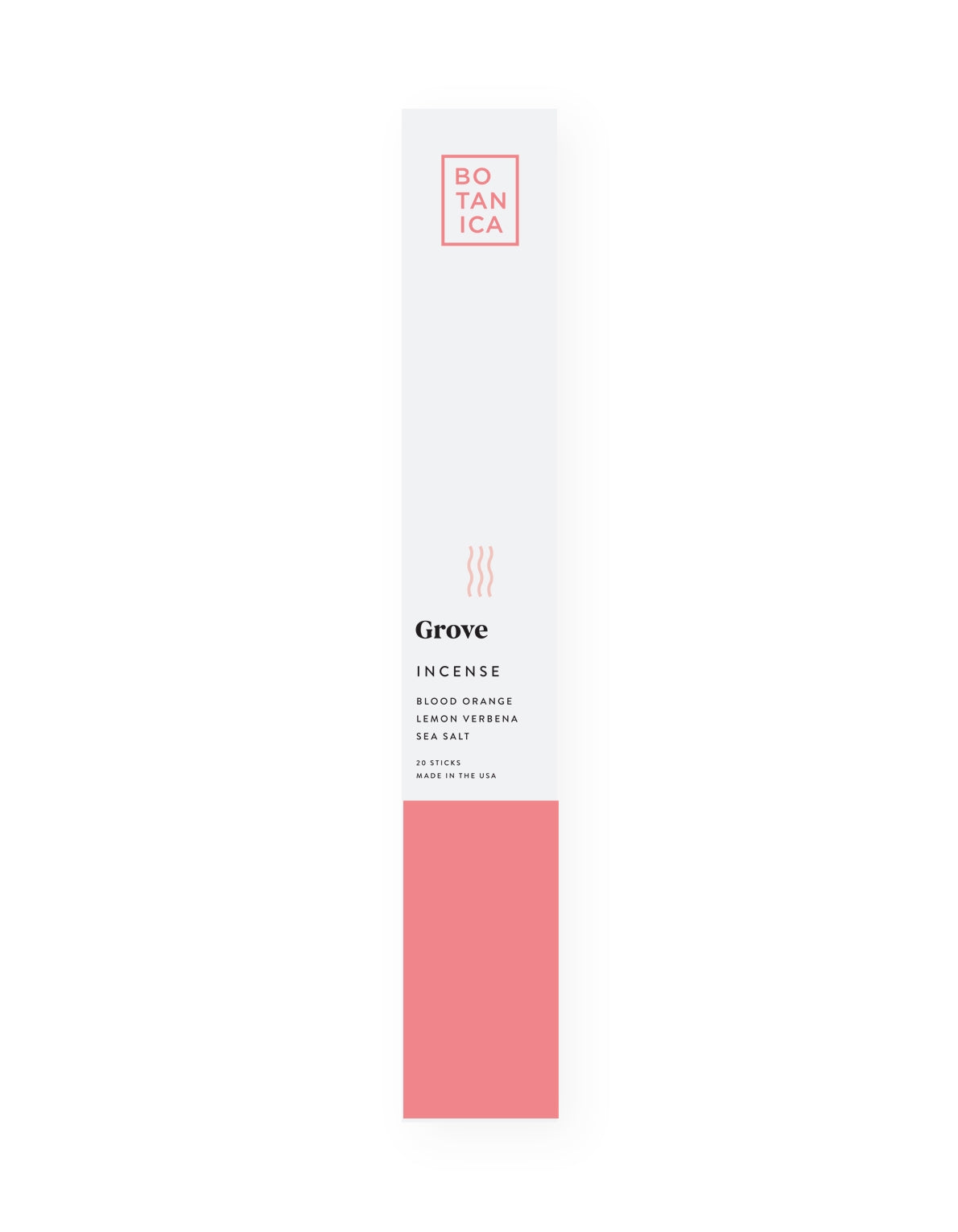Botanica grove incense. Made with high-quality fragrance blends, plus essential oils for a long, balanced ritualistic experience–sure to make any dwelling feel like a luxurious retreat. Scent notes of blood orange, sea salt, and lemon verbena.