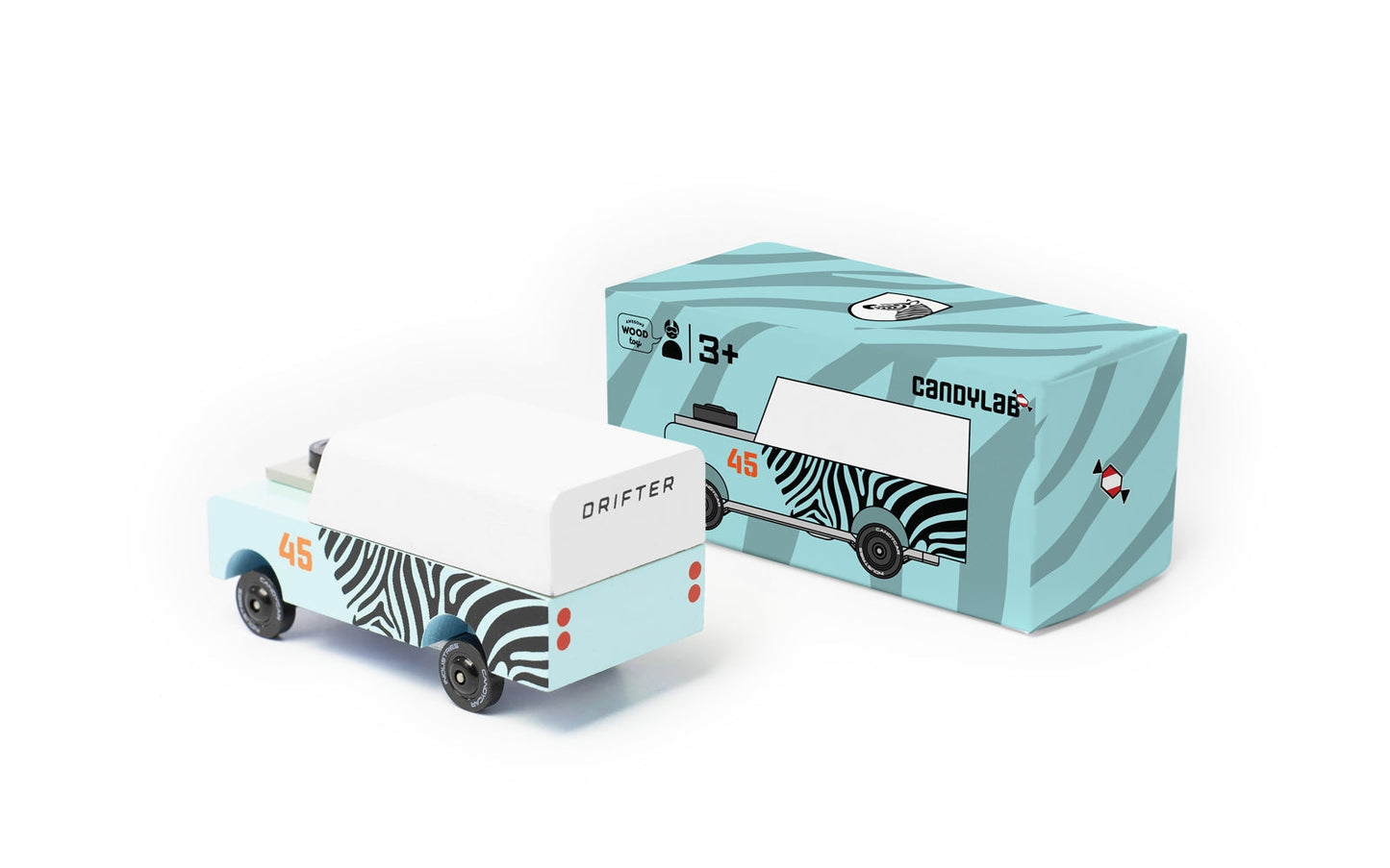 Mini Zebra Drifter toy car by Candylab Toys features solid beech wood and water-based paints. Made sustainably, made to last, made for fun. Wood, soy inks, water-based paints, degradable rubber, and metal parts are all part of Candylab's old school way of making toys, with a modern design twist.