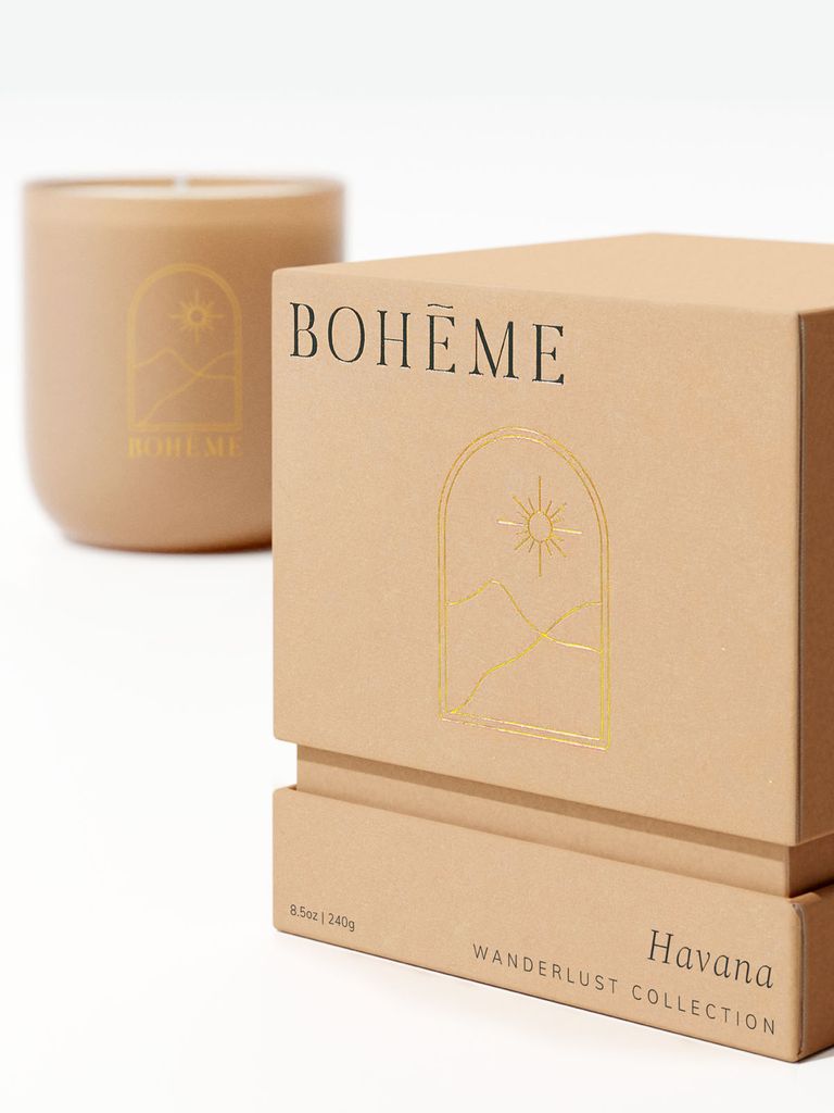 Clean, All Natural, Sustainable Soy, Vegan, Phthalate Free Havana Candle. The top, middle and bottom feature three different scents so this is like three candles in one! Bergamot and cumin to date and tobacco leaf to smoke and musk.