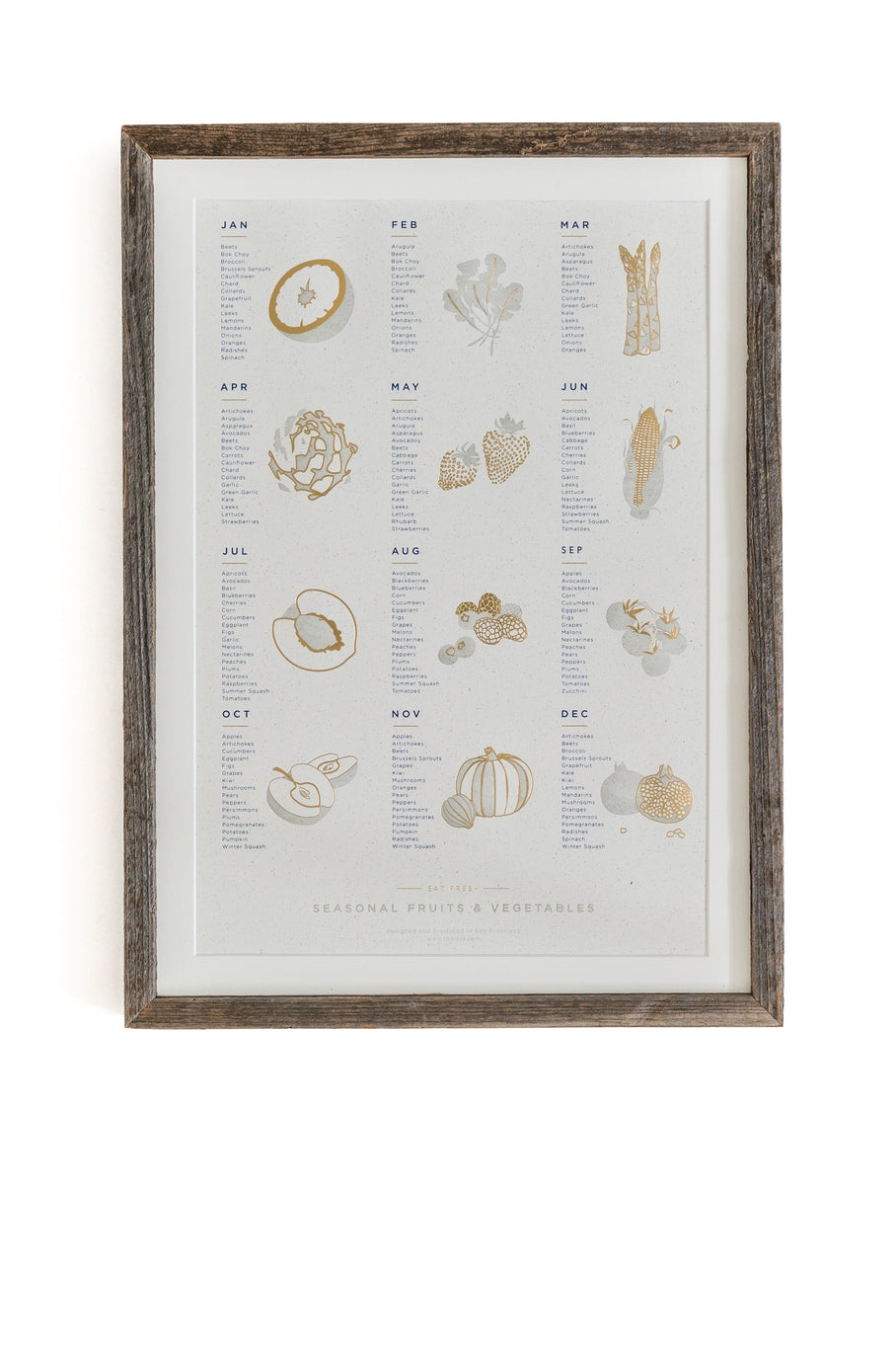 The seasonal fruit and vegetable poster features a monthly list of 15-20 varieties of produce that are freshest, ripest, and harvested within the listed month. Great reference art that is both elegant and useful for your kitchen, dining room or kids room!