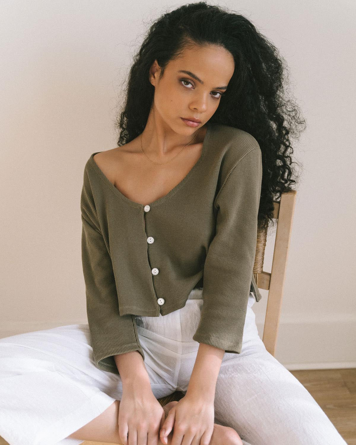 harly jae james blouse in olive handmade in Vancouver with organic cotton