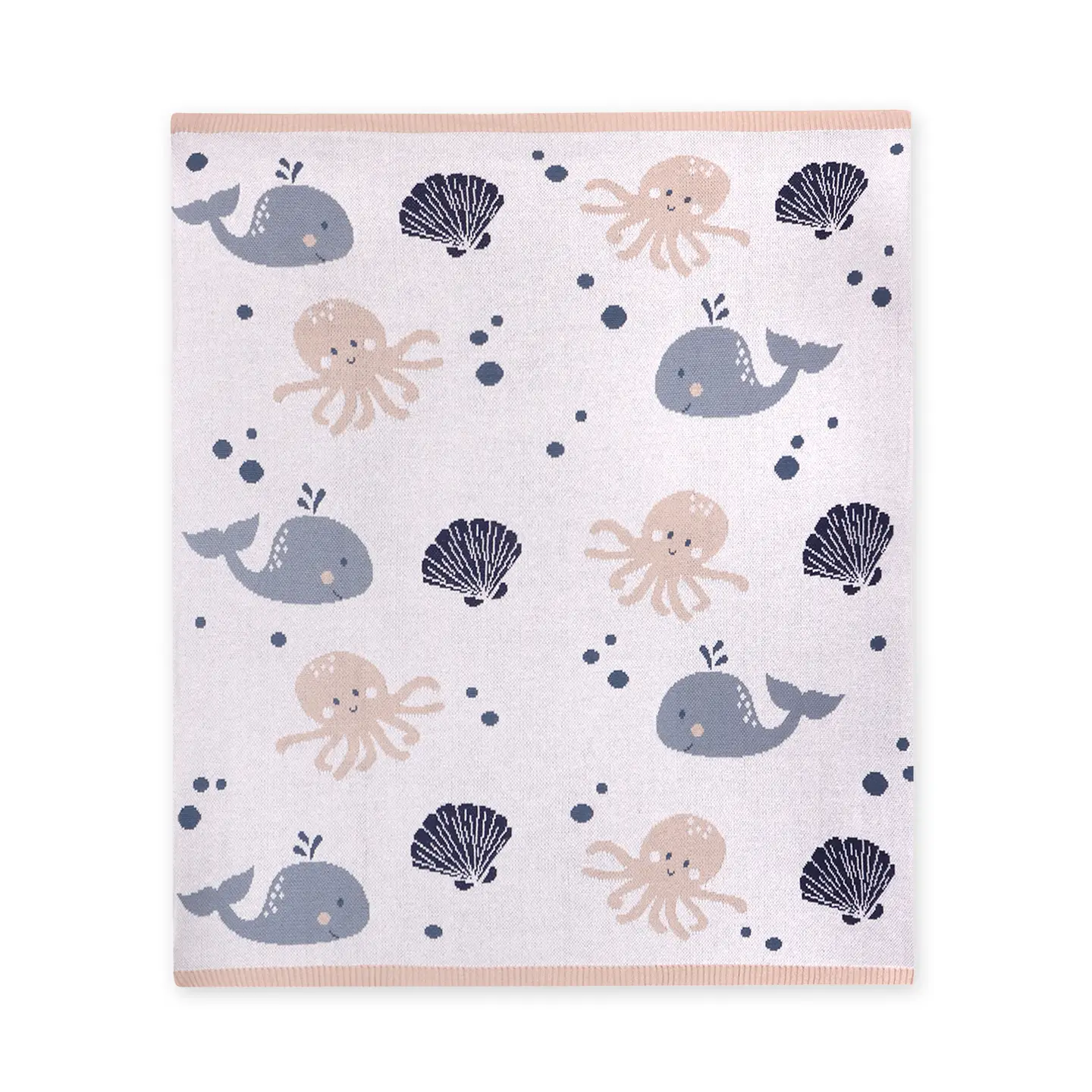 Sweet sea-themed 100% organic cotton knitted baby blanket.