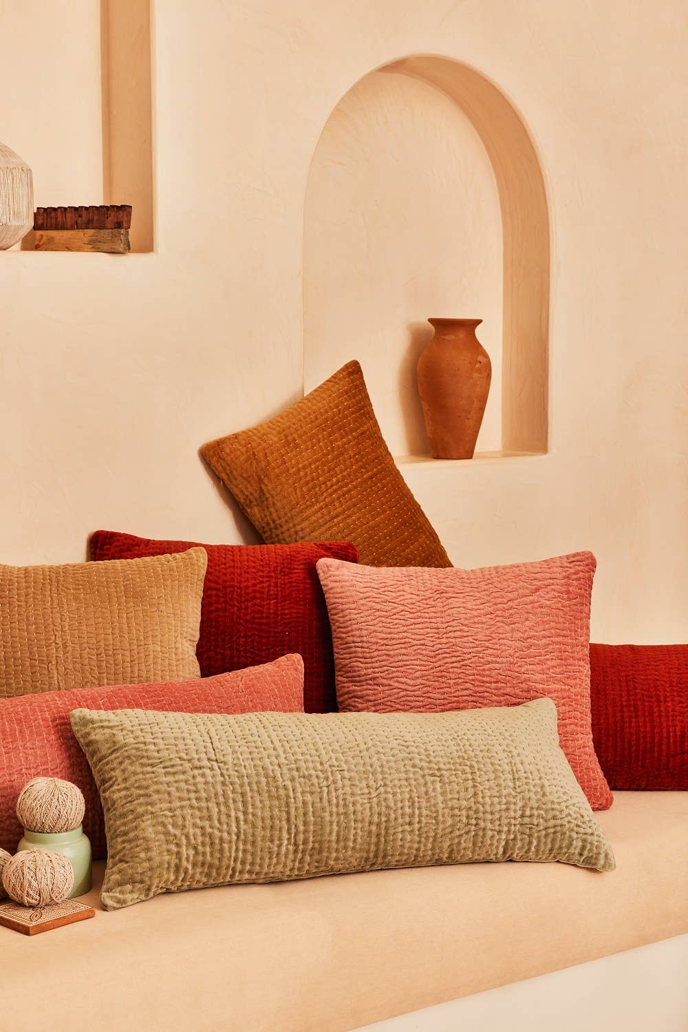 Casa Amarosa Plush Velvet Kantha Lumbar Pillow : Plush velvet meets this lumbar cushion's solid style, which is created using an ancient stitching technique, Kantha. Ethically made in India.
