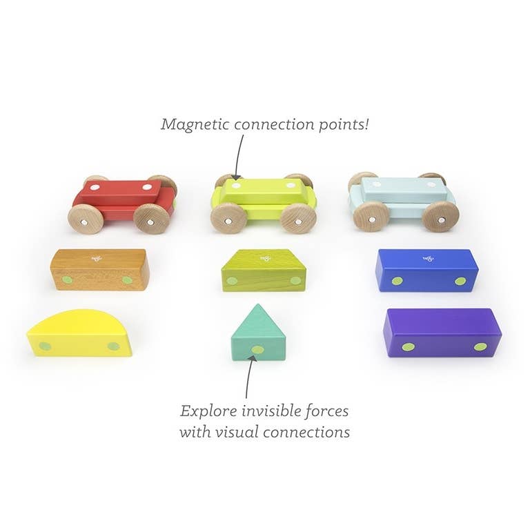 Enjoy three magnetically connected cars, a circle, a triangle, and a square. Sort and stack the blocks into their original shapes or mix and match to create your very own train. All pieces are magnetic and compatible with each other.