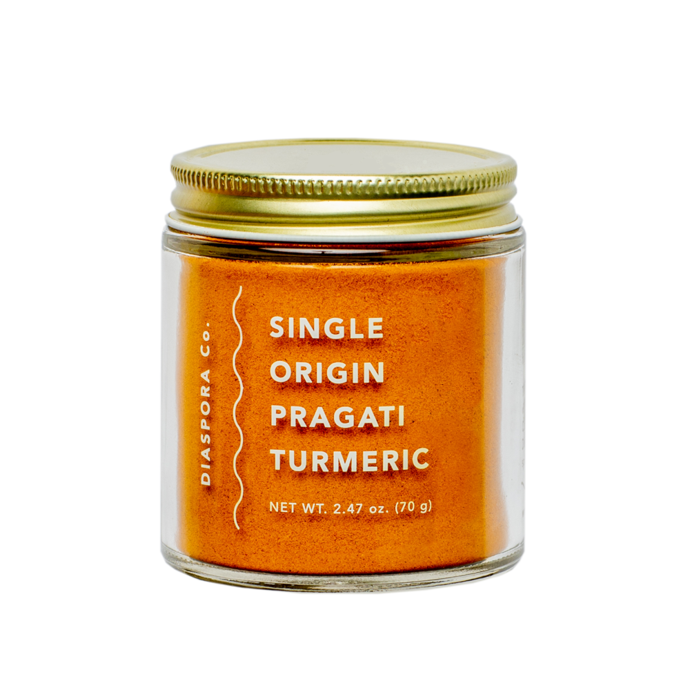 Pragati Tumeric Grown by the beloved Kasaraneni family amidst marigolds, bananas, and black rice on their 3rd generation farm.