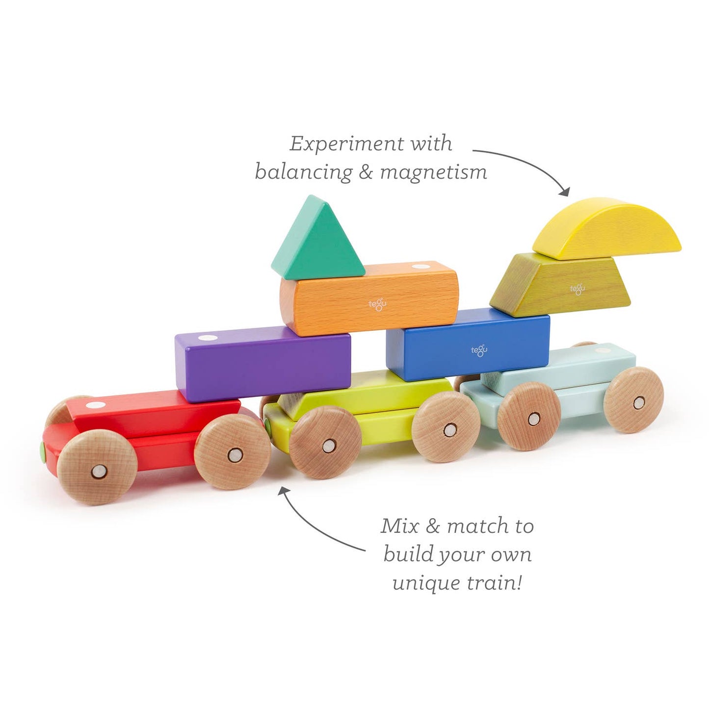 Enjoy three magnetically connected cars, a circle, a triangle, and a square. Sort and stack the blocks into their original shapes or mix and match to create your very own train. All pieces are magnetic and compatible with each other.