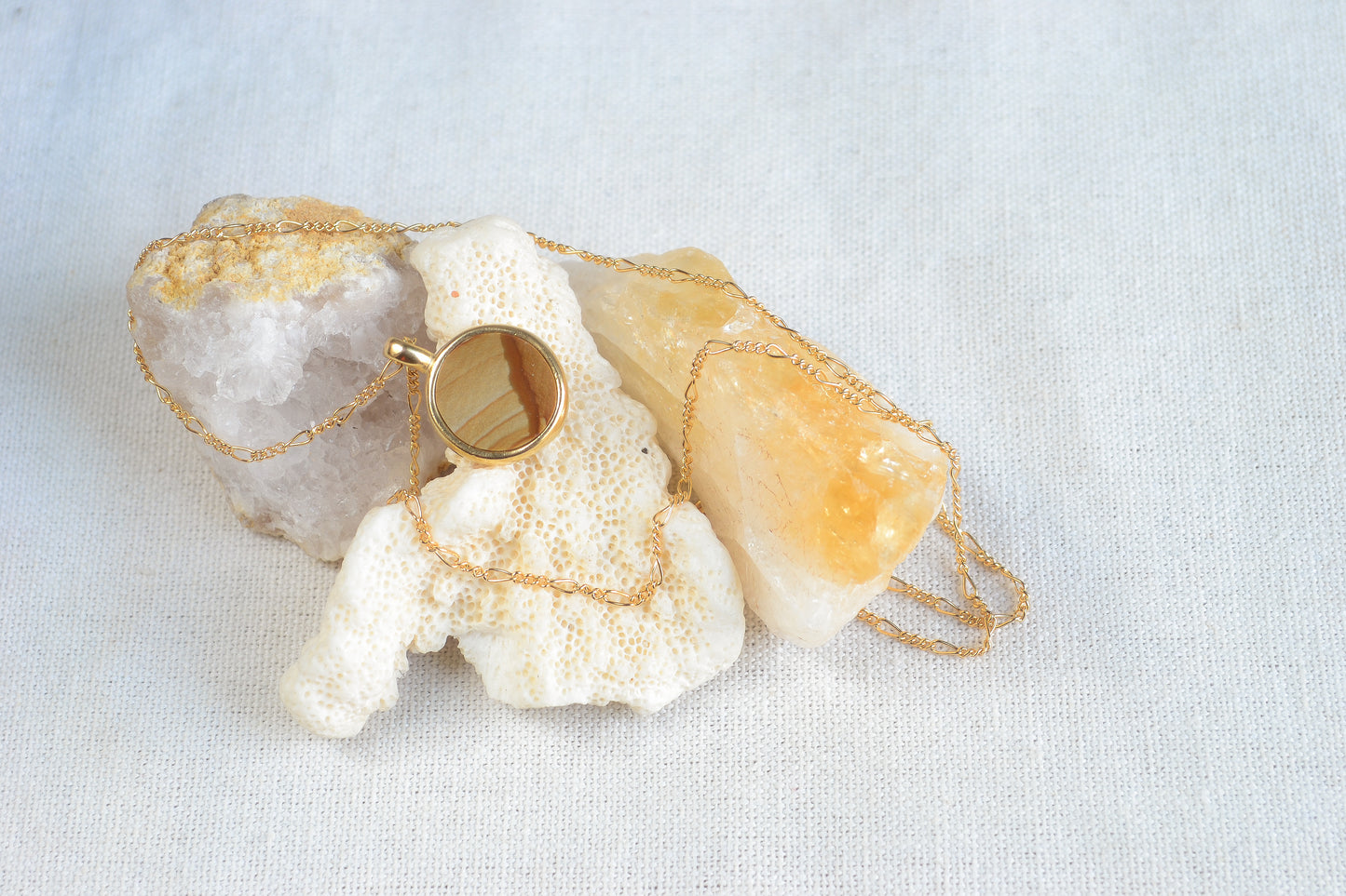 Handmade stone necklace featuring ethically sourced stones on gold-fill or sterling silver, sturdy figaro chain. These are heirloom pieces to hand down.