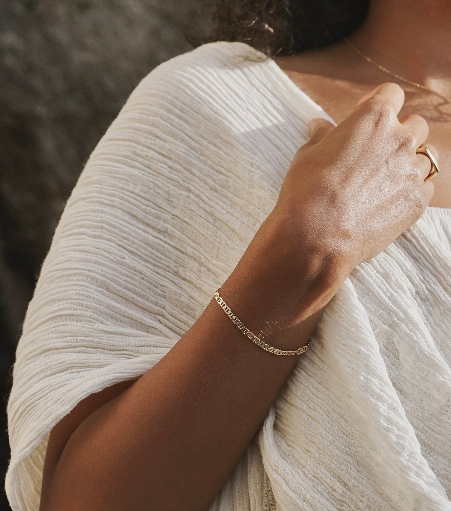 A unique statement bracelet ~ the Fortune Bracelet is an elegant and minimal chain link bracelet that glides and dips along the wrists. Made in 18K gold fill, this piece stands out beautifully when layered or worn alone. Handmade in the Santa Cruz Mountains.