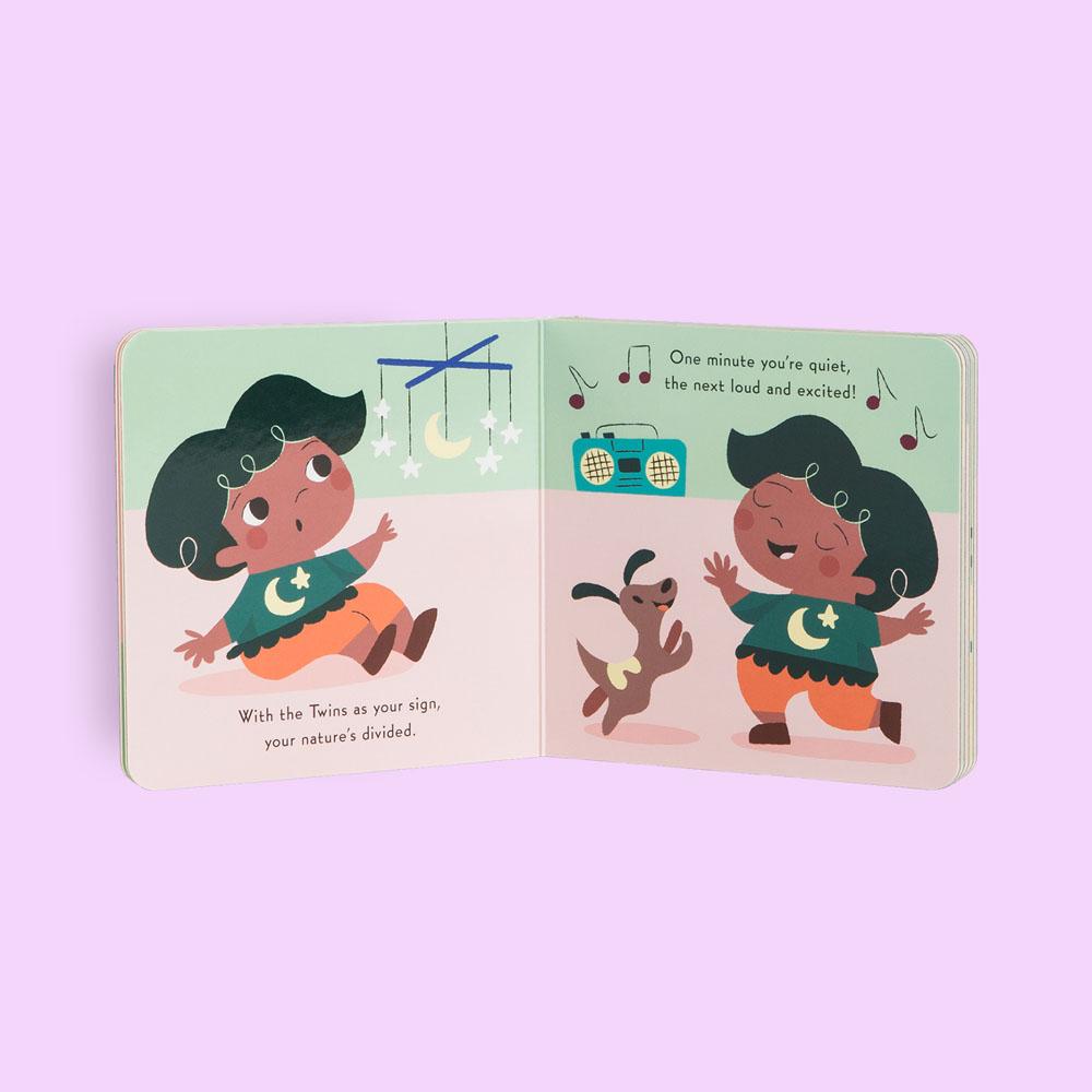 With rhyming text and adorable art, Little Zodiac Board Books are a sweet and starry-eyed series of board books with one book for each astrological sign. This cute and colorful board book series offers a sweet and accessible introduction to a baby's first horoscope! gemini