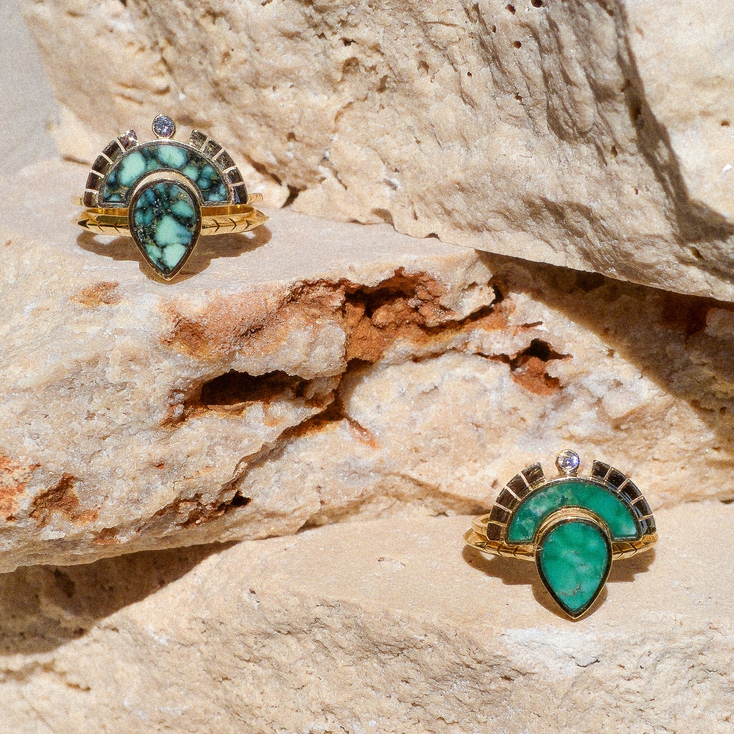 RISING SOL ARCH CROWN / The inlaid Broken Arrow turquoise is hand cut and shaped to fit perfectly inside this 14K gold bezel. A Young in the Mountain signature carved halo features a .03 ct conflict-free white diamond that brings beautiful light to this piece