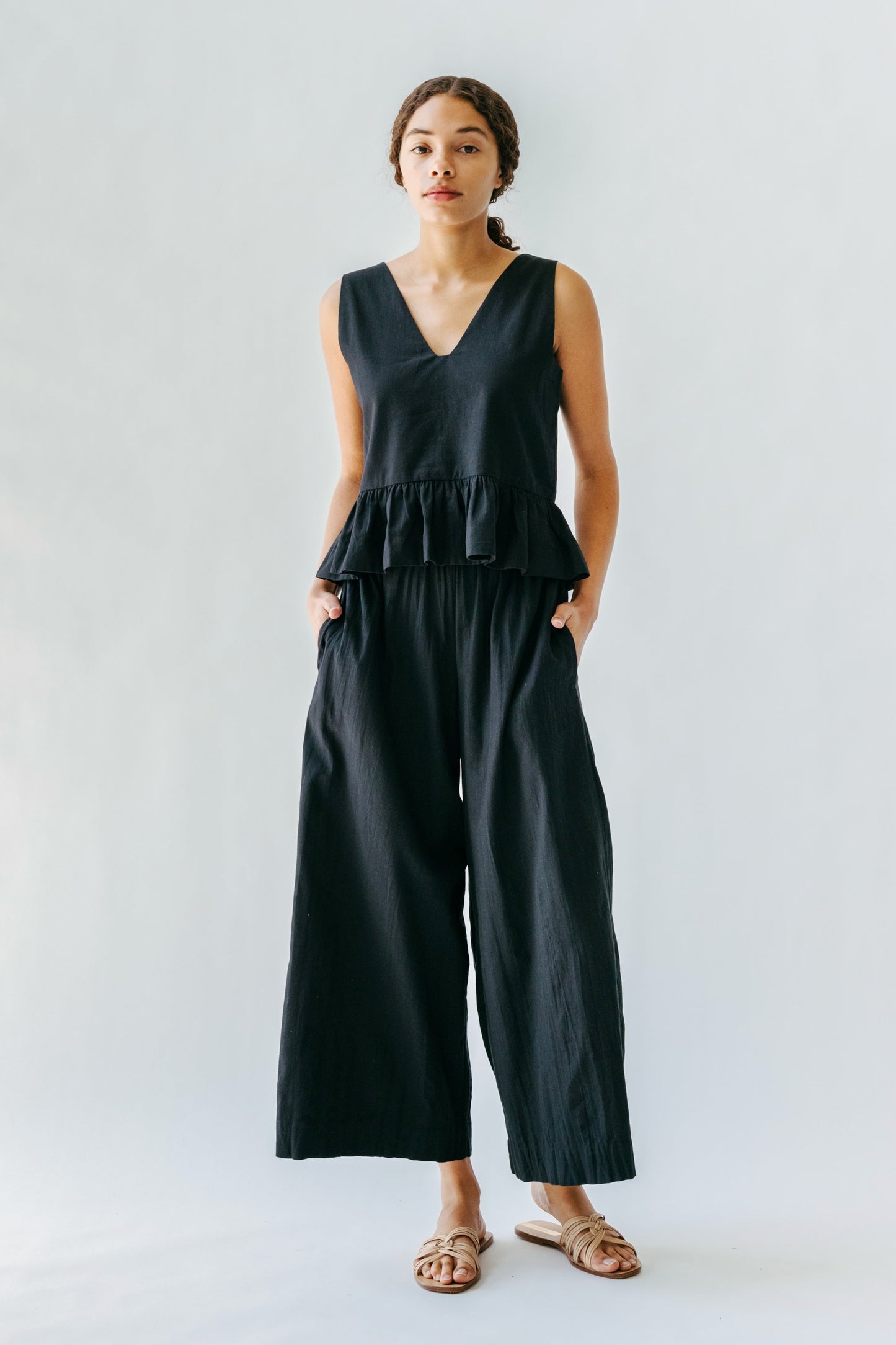 This paperbag waist pant is comfy, roomy, high waisted and wide legged. Wear it seaside with a swimsuit or with your favorite blouse tucked in. Ethically made in India.