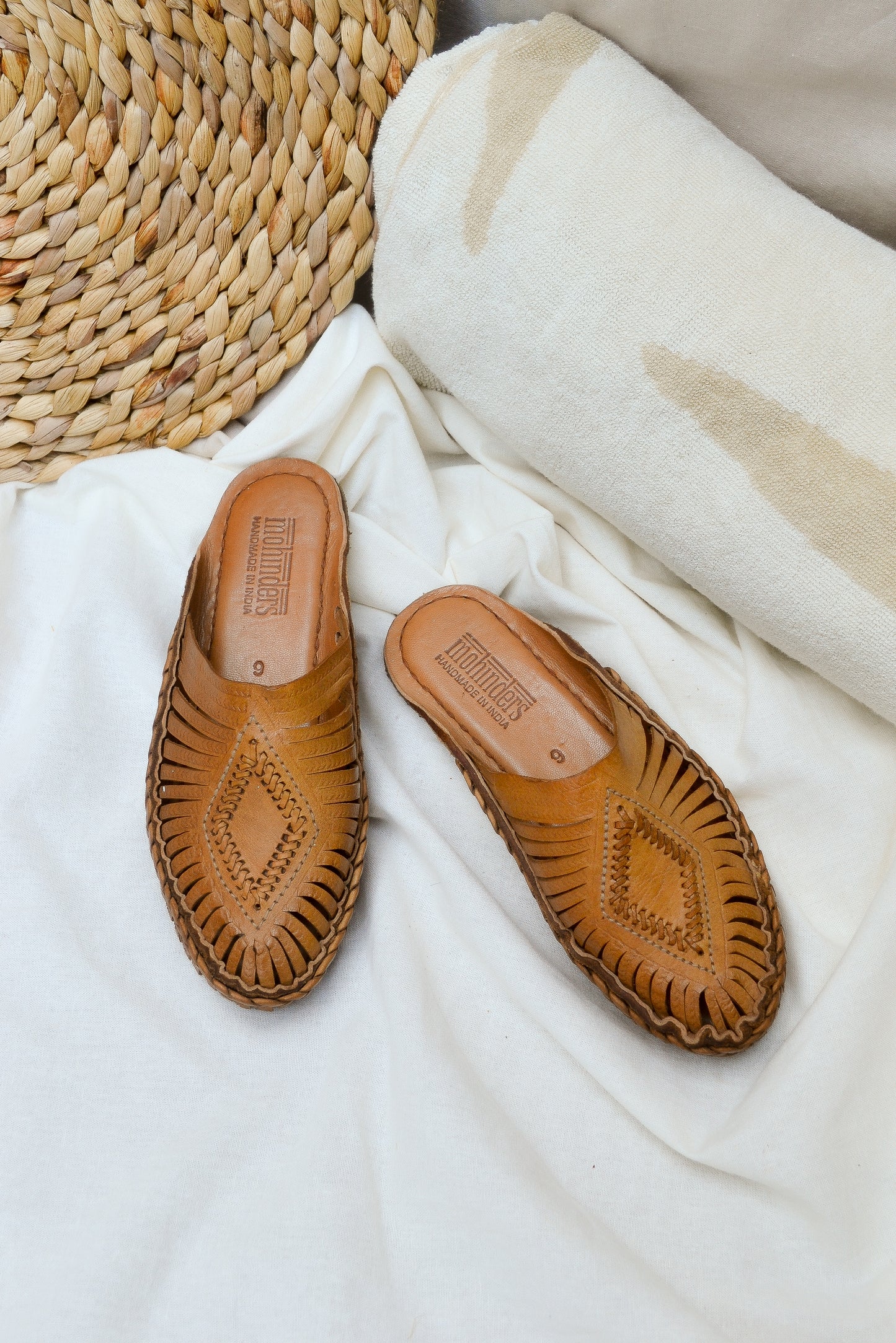Leather Diamond Slides in Honey