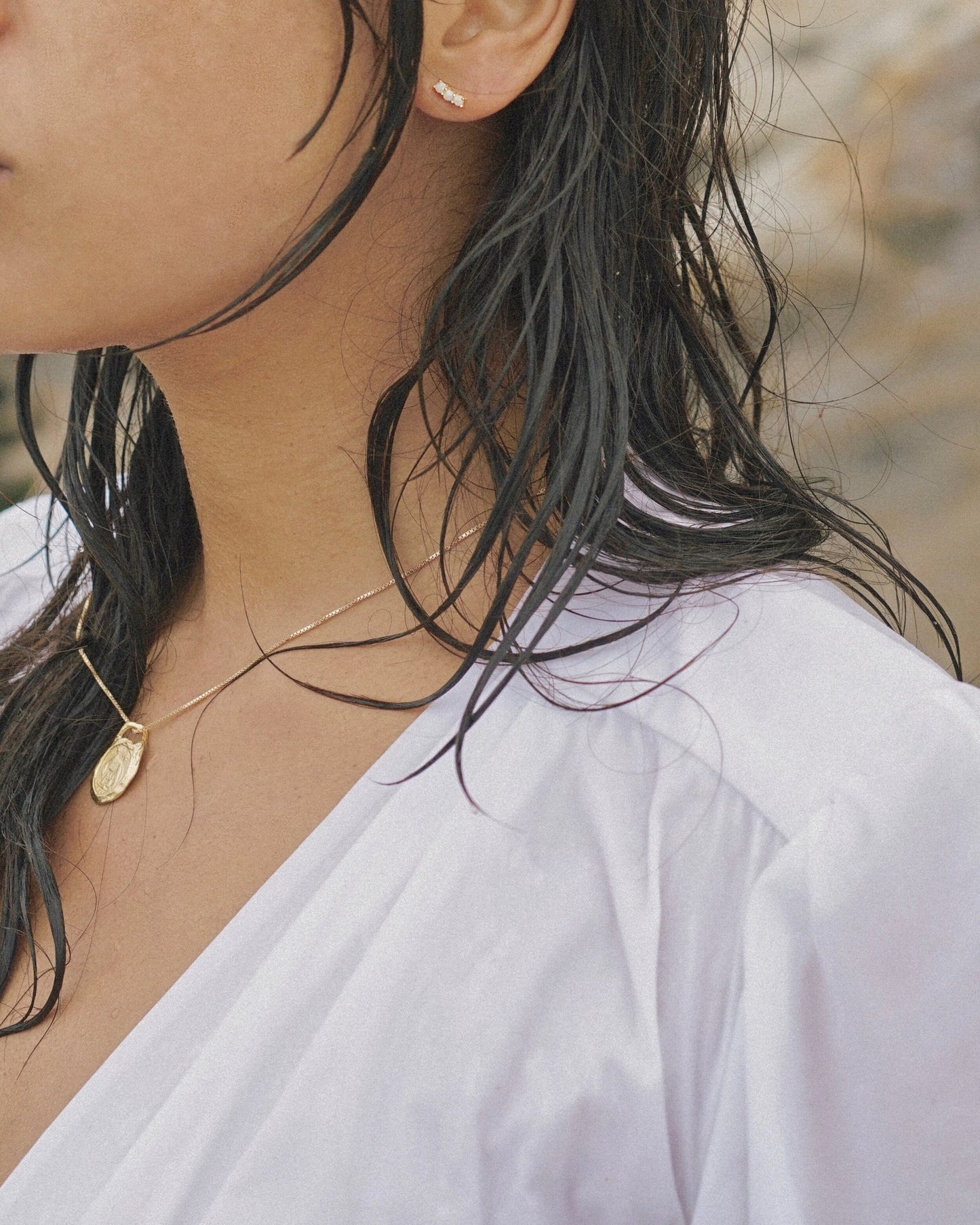 A lovely and vibrant stud earring with prong set opals. Gold vermeil, handmade in the Santa Cruz mountains.