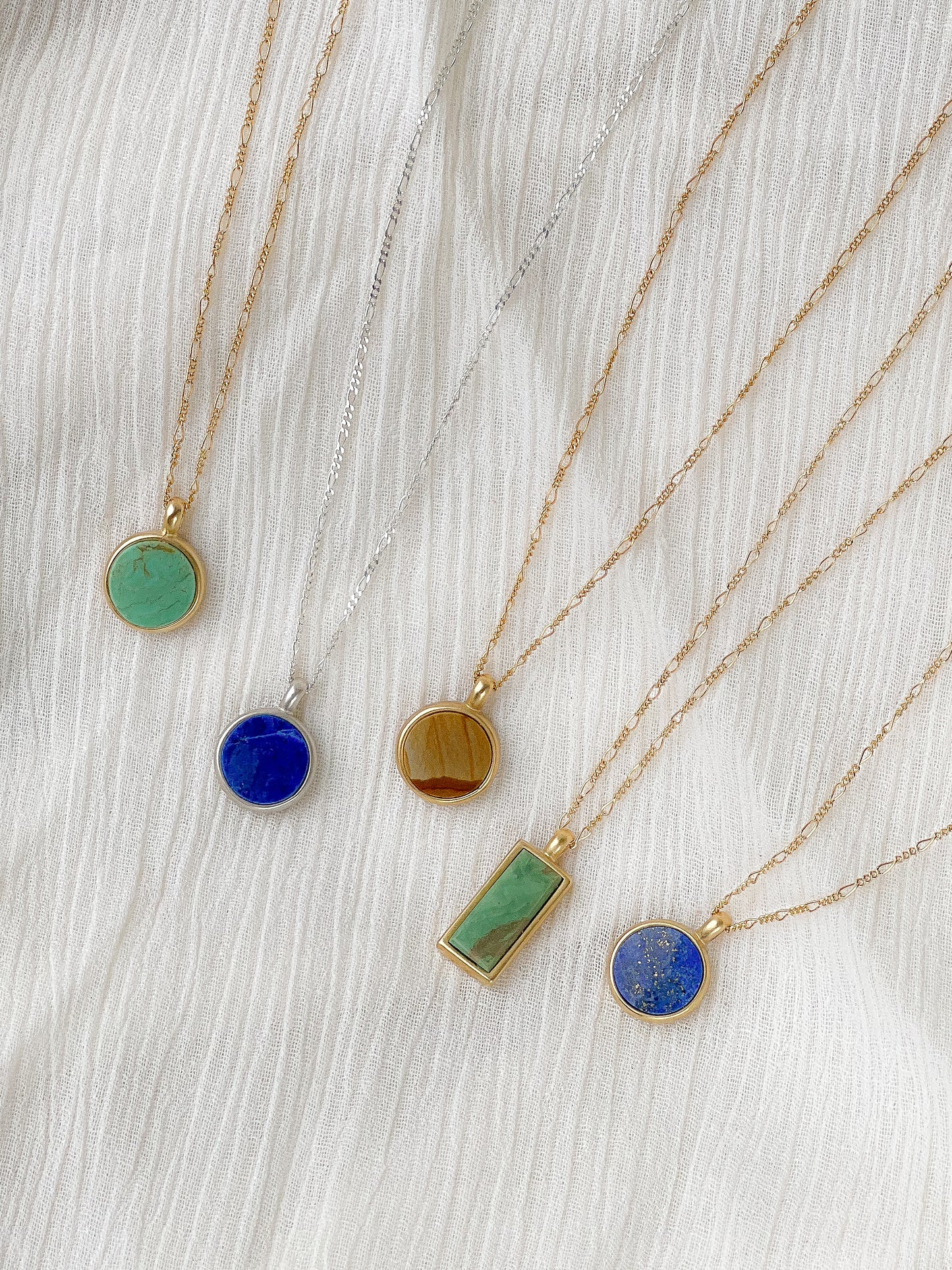 Handmade stone necklace featuring ethically sourced stones on gold-fill or sterling silver, sturdy figaro chain. These are heirloom pieces to hand down