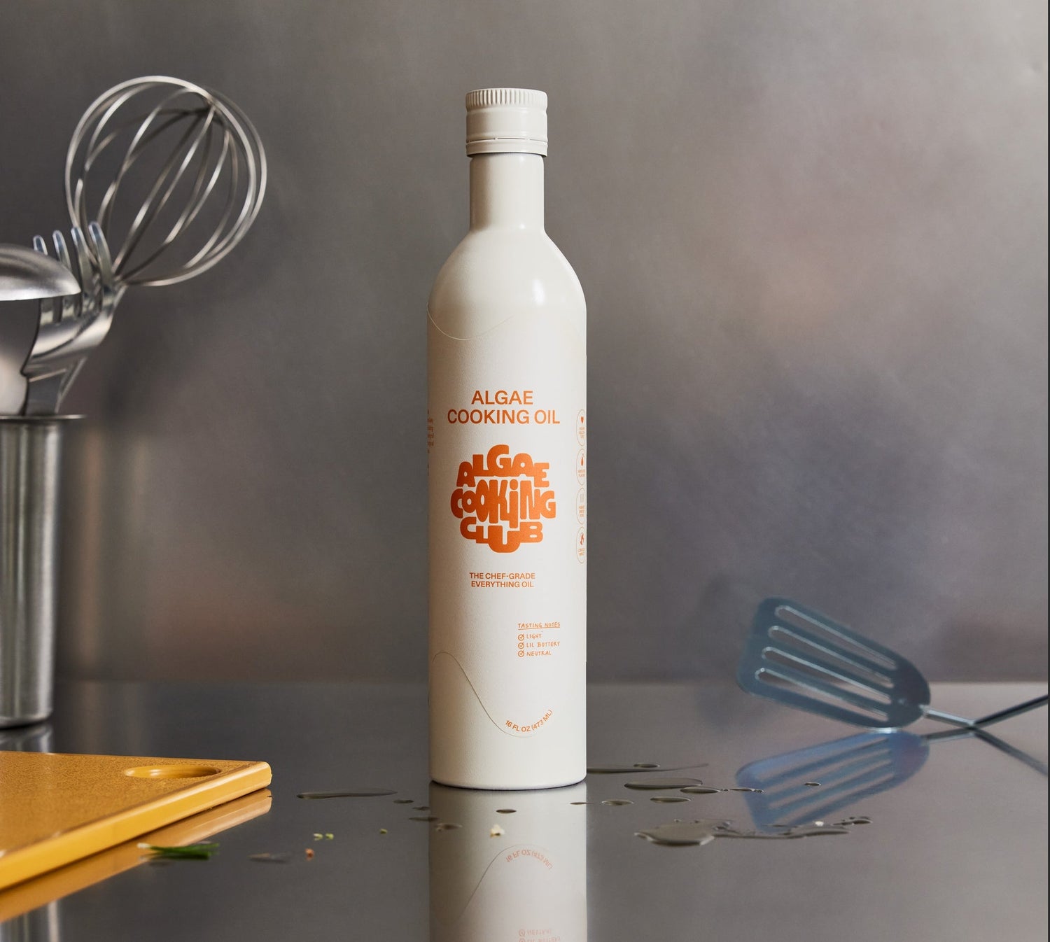 Algae cooking oil by Algae Cooking Club on a kitchen counter