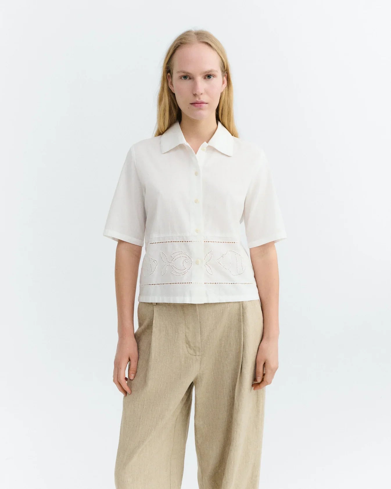 Thinking Mu white blouse with buttons and hand embroidered fish