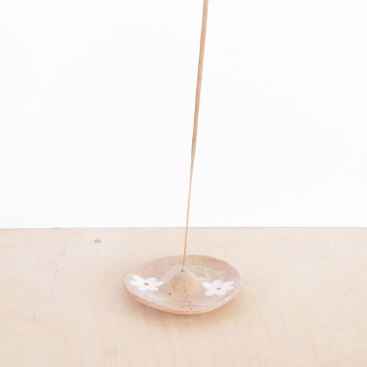 nightshift ceramics - Modern, minimalist incense holder. Hand formed from speckled stoneware and finished with daisy illustration and clear glaze.