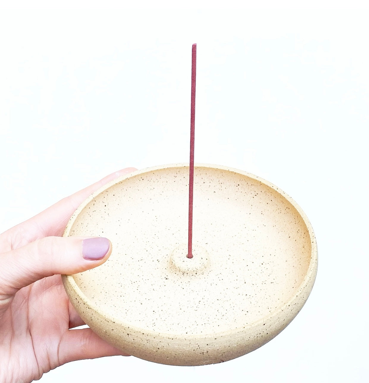 Hand thrown speckled stoneware incense holder, big enough to catch the ash. Crafted from buff stoneware & made in Virginia, USA by Korai Ceramics.