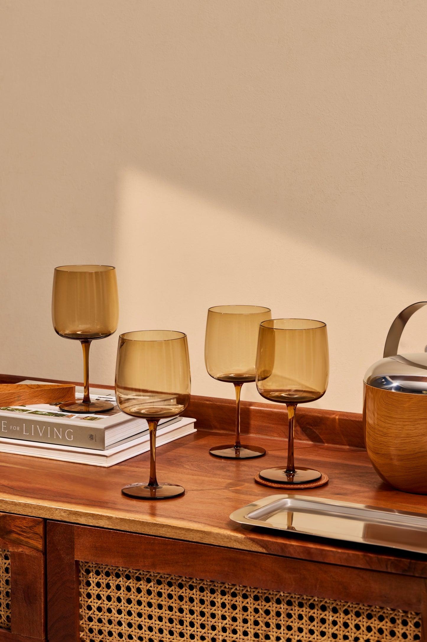 A modern wine glass rendered in thin, colored mouth blown glass with a clean, balanced form. Suited for both red and white wines, adding depth and character to casual or formal settings.