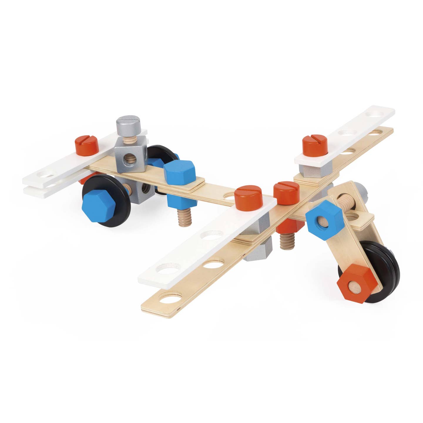 This wooden construction building set for kids is designed to spark creativity and imagination. It has a variety of accessories such as washers, wooden planks, bolts and screws, the perfect kids gift for the young builders.