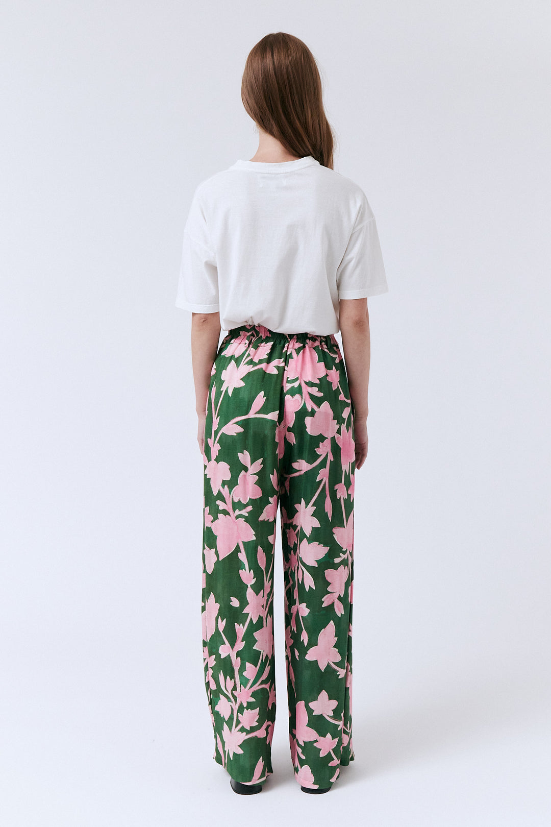 Pink & green floral print pants with elastic waistband - lightweight & perfect for Spring. 100% Ecovero Viscose - Sustainably made in Spain