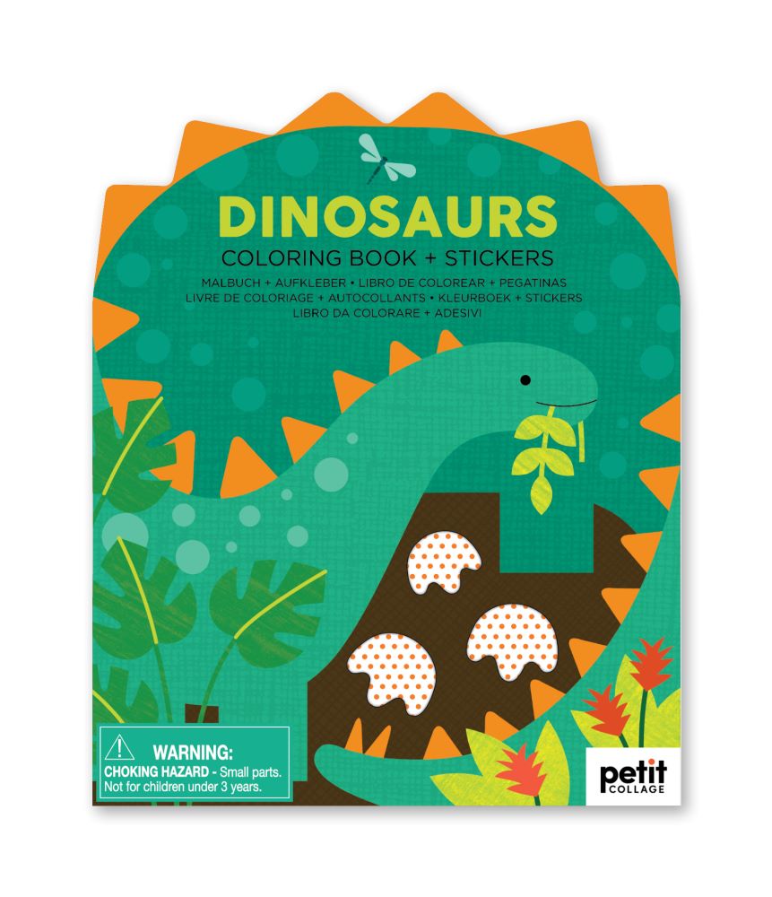 Get your coloring pencils at the ready for this rawr-some Dinosaur Coloring Book from Petit Collage!Color in the cool jurassic scenes featuring your favorite dinosaurs like a T-Rex and a pterodactyl, and once you're done decorate them with over 100 dinosaur stickers!