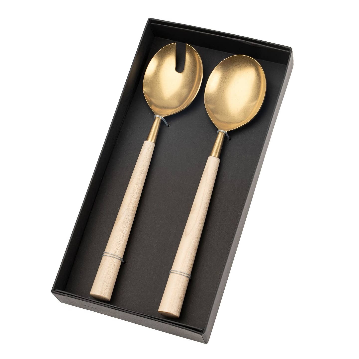 Maple wood and brushed gold serving spoon and fork sold in a beautiful holiday gift box.