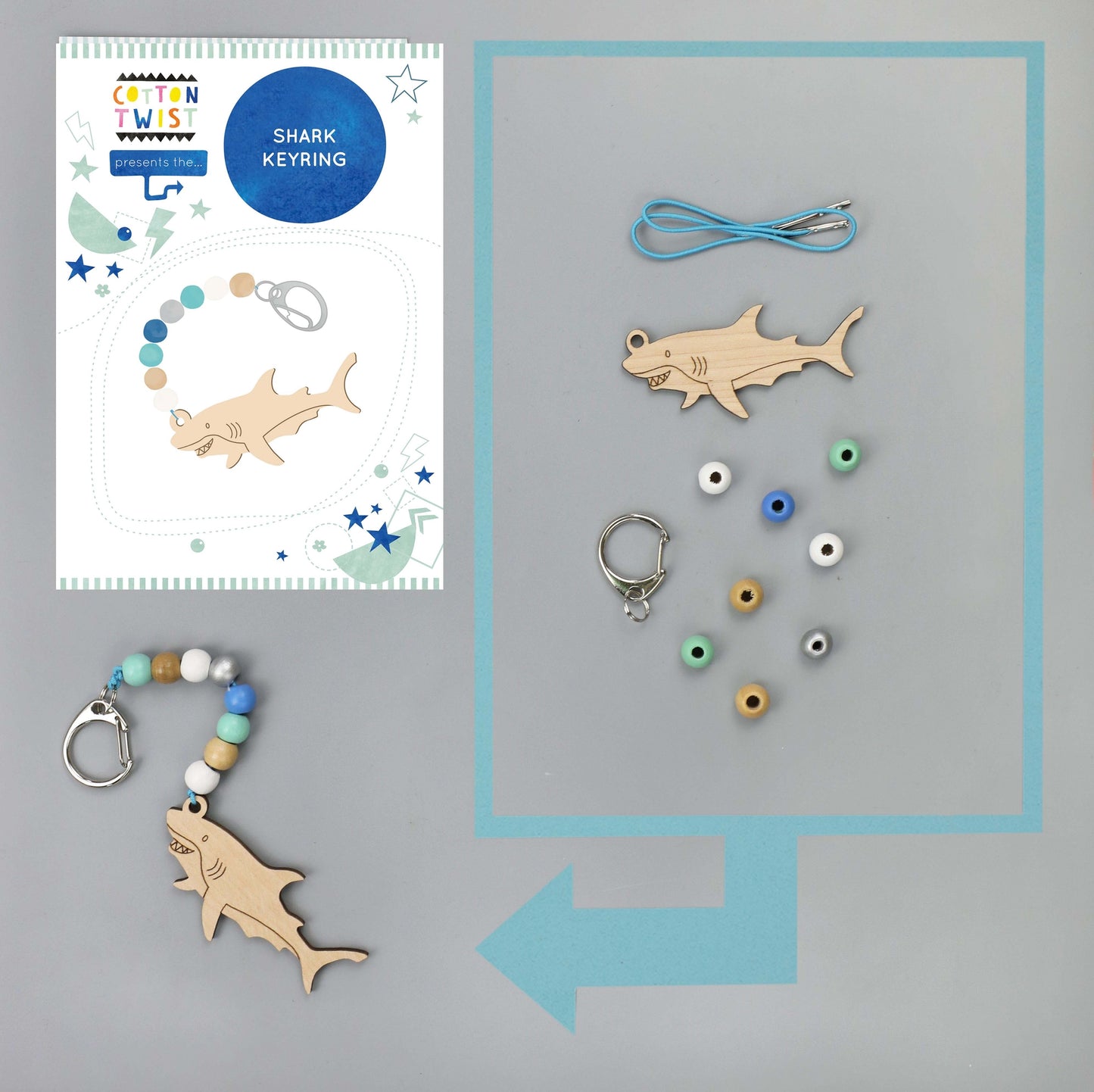 Children can construct their solid maple wood shark keyring using the elastic &amp; spherical beads provided. The elastic comes with metal ends to help children add beads with ease, & the keyring mechanism has a simple catch. Each kit is plastic free & lovingly assembled by hand.