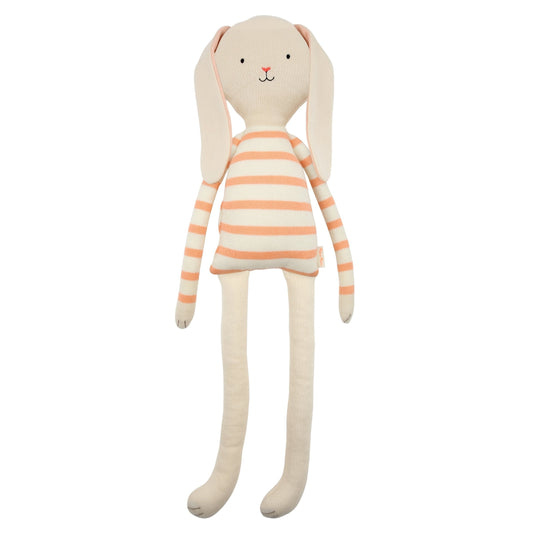 Alfalfa the bunny is truly adorable and perfect to cuddle and play with. Made from knitted organic cotton with floppy ears, sweet stitched features, and a cheeky little pompom tail.