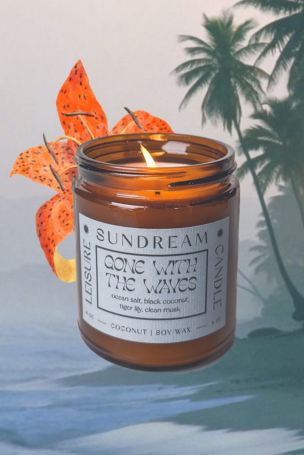 Hand poured Gone with the Waves candle by Sundream. With notes of ocean salt, black coconut, tiger lily, clean musk this balanced blend was created to inspire moments of relaxation & inspiration.