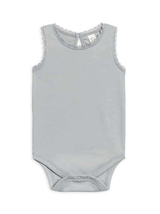 The sweetest staple with a touch of lace. The Luna tank bodysuit will be a go-to base layer that lasts well beyond summer vacation and is made with the softest organic cotton.  Naturally hypoallergenic with water based dyes.