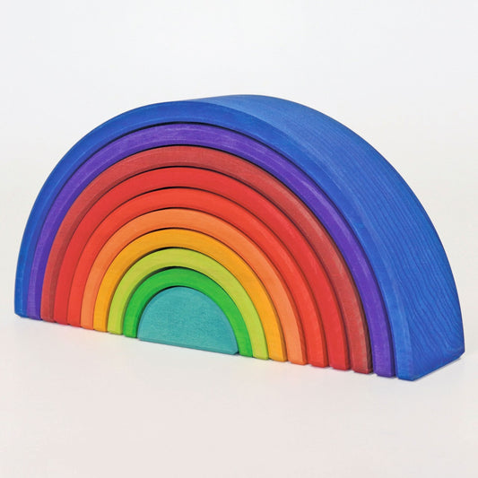 A new wooden stacking rainbow from the magical world of Grimm's: the 10-piece counting rainbow is a wonderful addition for open-ended play.