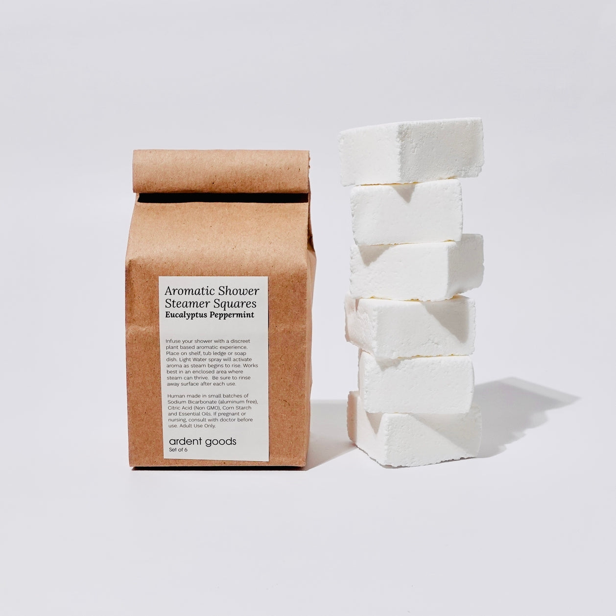 Set of six eucalyptus and mint essential oil shower steamers.