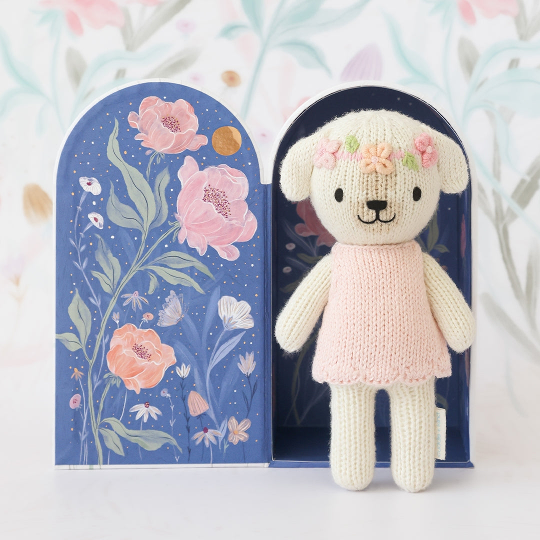 Knitted dog toy in a decorative box with floral design. Hand knit doll with premium 100% cotton & floral tiny home. 1 doll provides 10 meals to children in North America and around the world. 