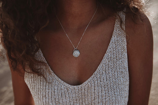 Reversible double sided coin charm necklace made using an ancient Roman coin, the Roma Necklace was designed to attract growth, fortune, and opportunity. Sterling silver cable chain.Handmade in the Santa Cruz Mountains.