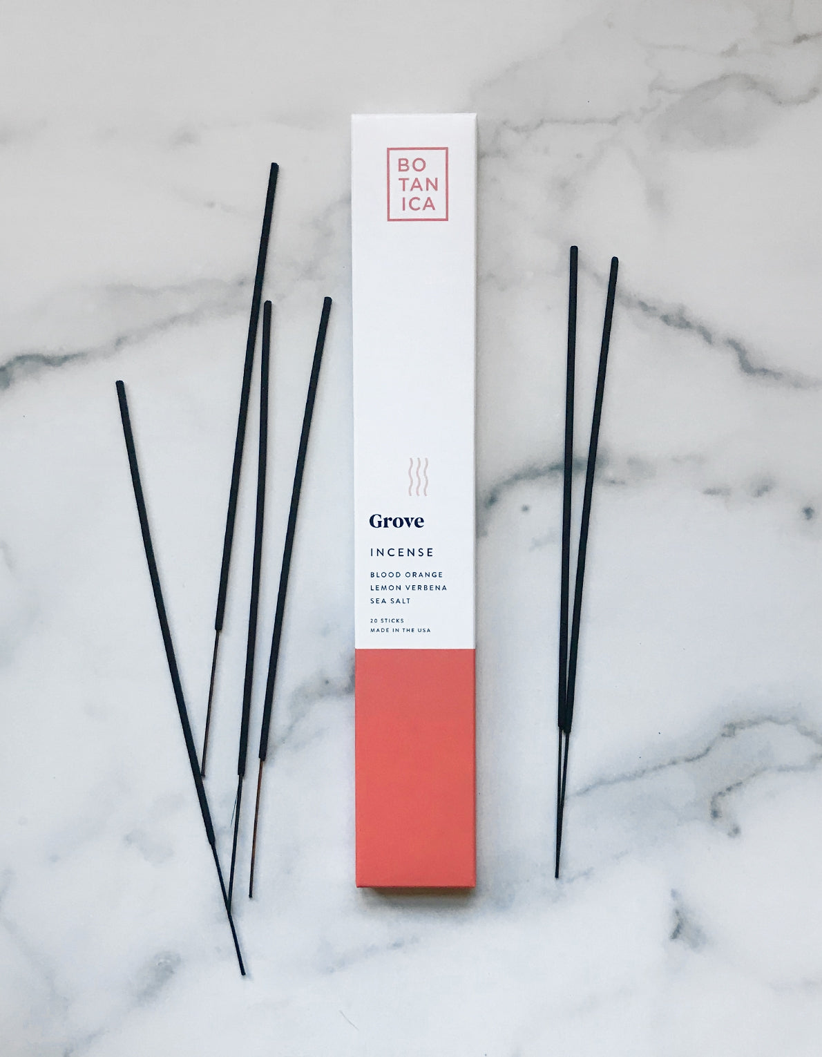 Botanica grove incense. Made with high-quality fragrance blends, plus essential oils for a long, balanced ritualistic experience–sure to make any dwelling feel like a luxurious retreat. Scent notes of blood orange, sea salt, and lemon verbena.