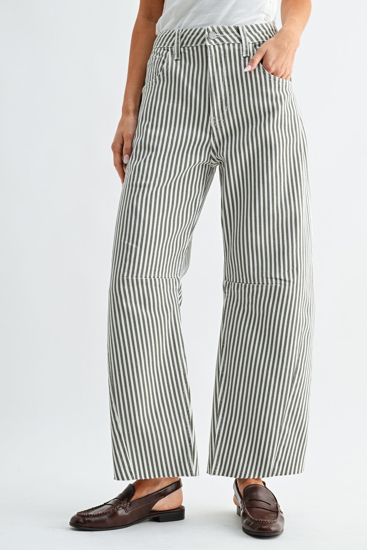 Raw Hem Barrel Jean in Olive Stripe