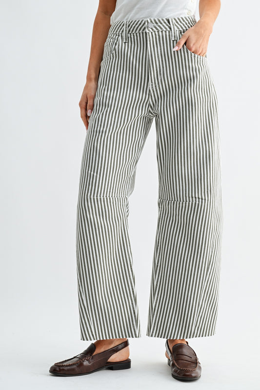 Raw Hem Barrel Jean in Olive Stripe