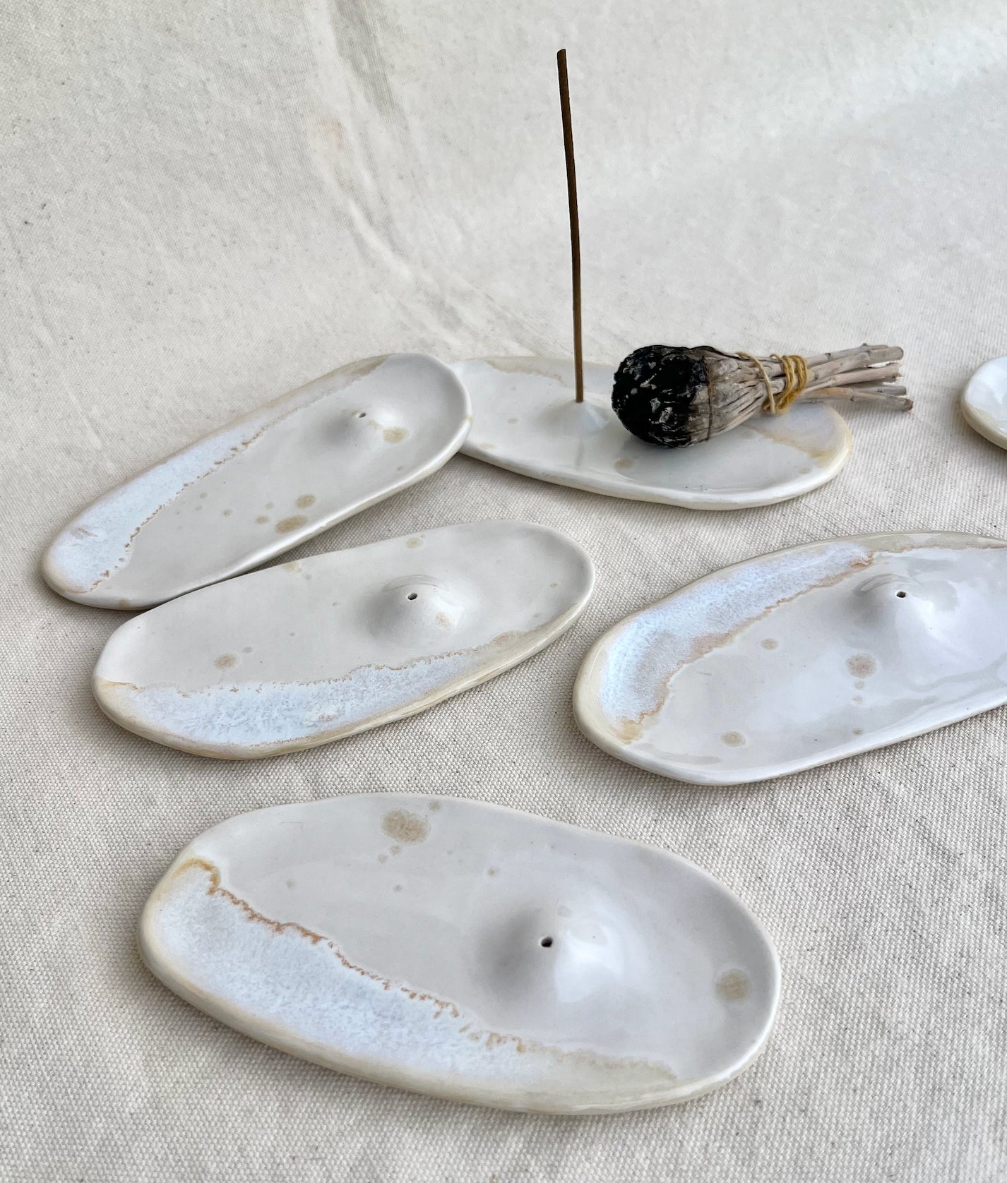 Neutrally glazed ceramic dish for your stick incense...or burn cone incense on the side. Hand built, glazed and fired in Slo, Ca. roaming barefoot ceramics
